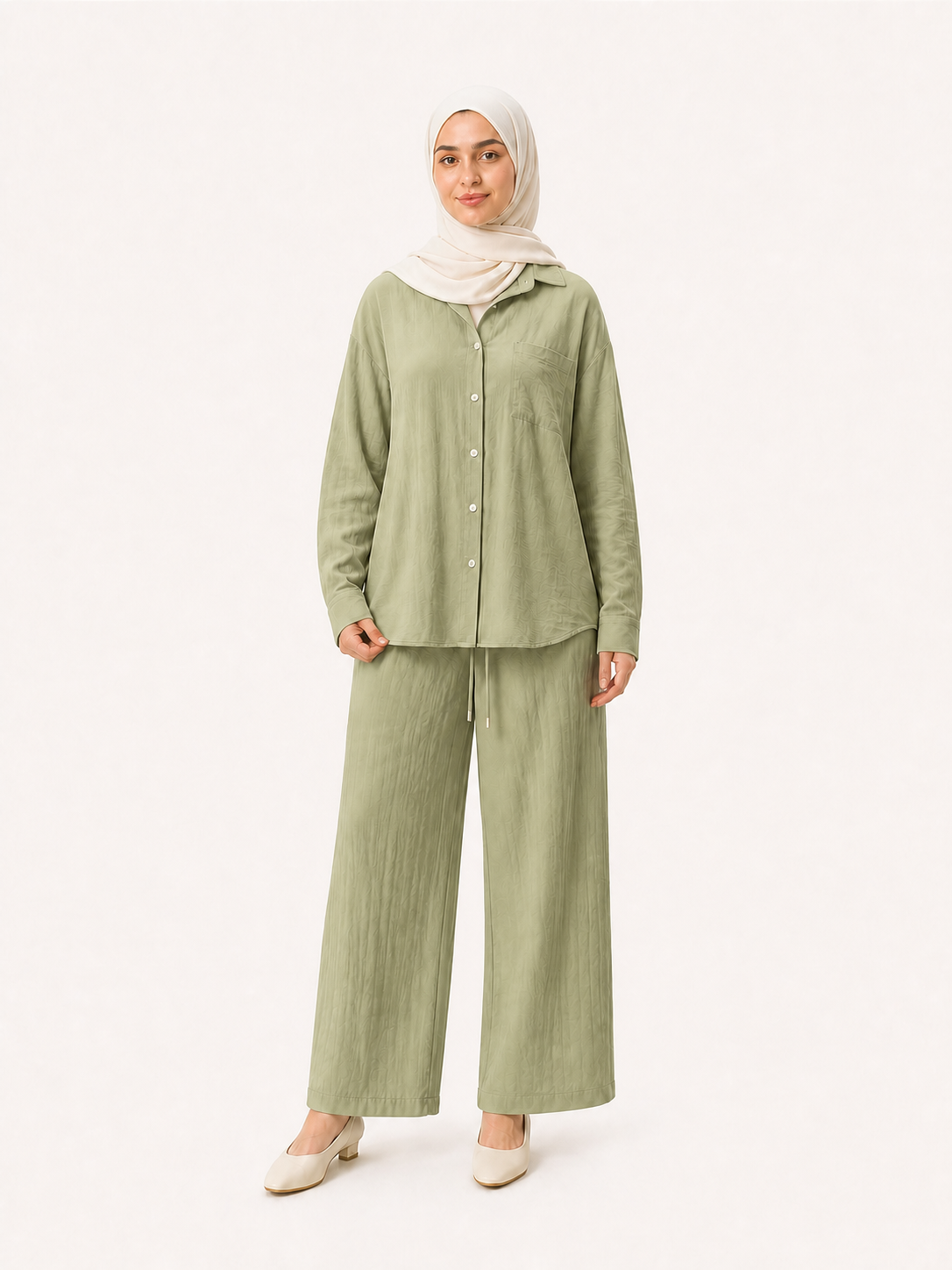 ZOALIN - Relaxed Button Shirt & Wide-Leg Pants Set - Sage - front