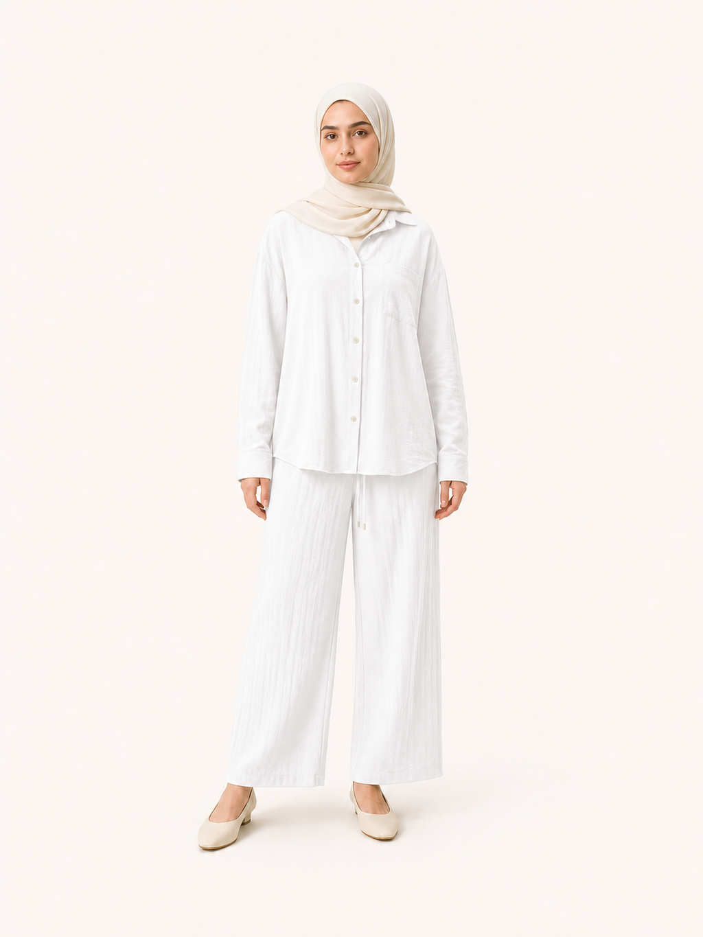 ZOALIN-SKU-COLOR-AUDIT-20260711-P07-14 | Relaxed Button Shirt & Wide-Leg Pants Set | White front view