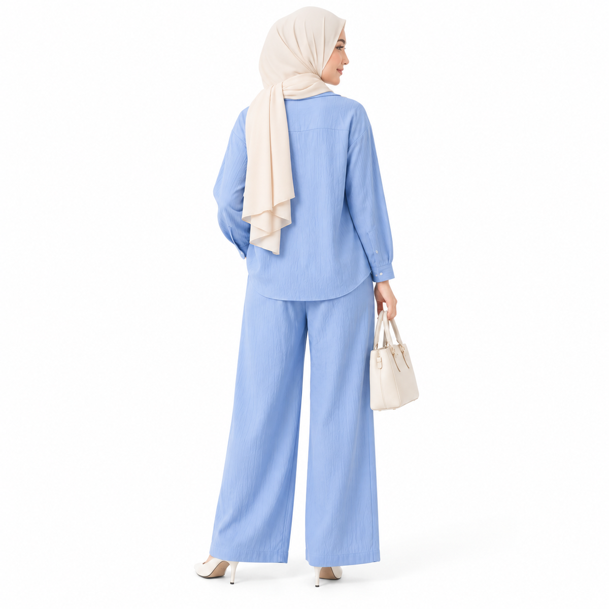 ZOALIN - Relaxed Button Shirt & Wide-Leg Pants Set - Sky Blue - back