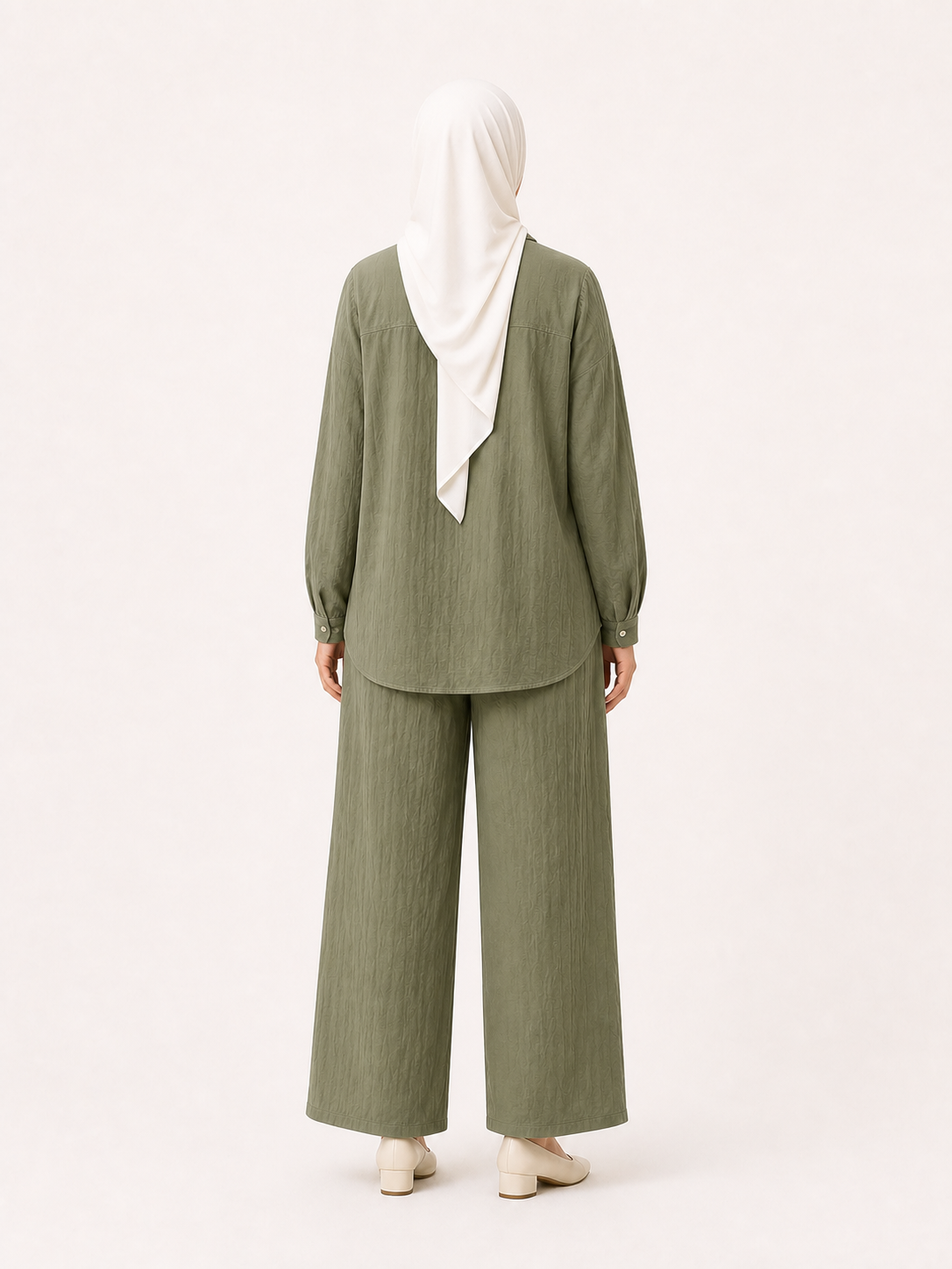ZOALIN - Relaxed Button Shirt & Wide-Leg Pants Set - Olive - back