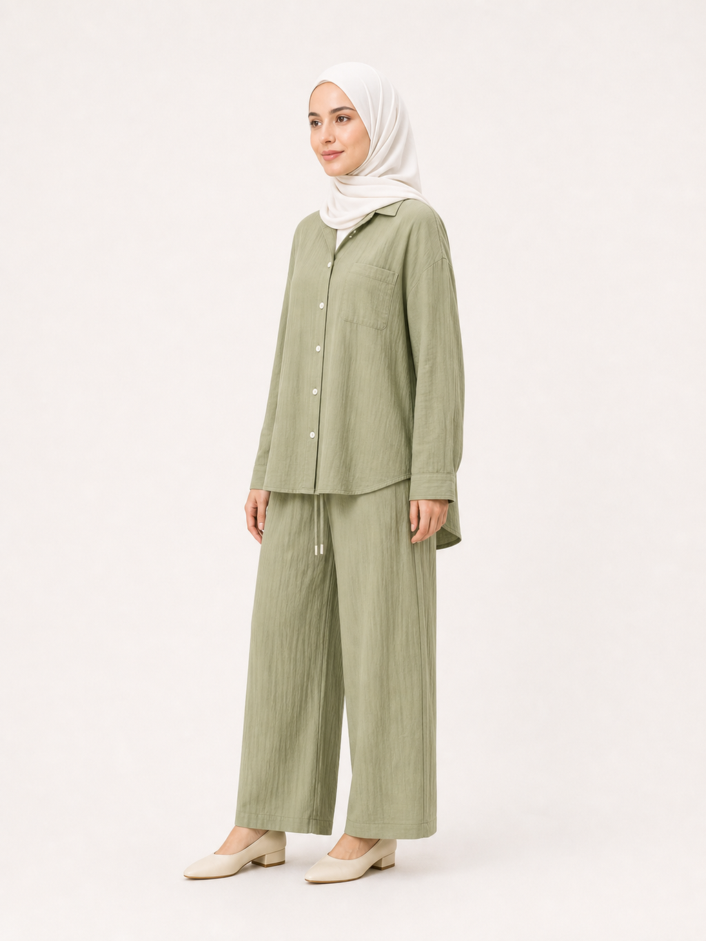 ZOALIN-GALLERY-UNIFIED-1200X1600-20260711-P07-15 | Relaxed Button Shirt & Wide-Leg Pants Set | Sage side angle