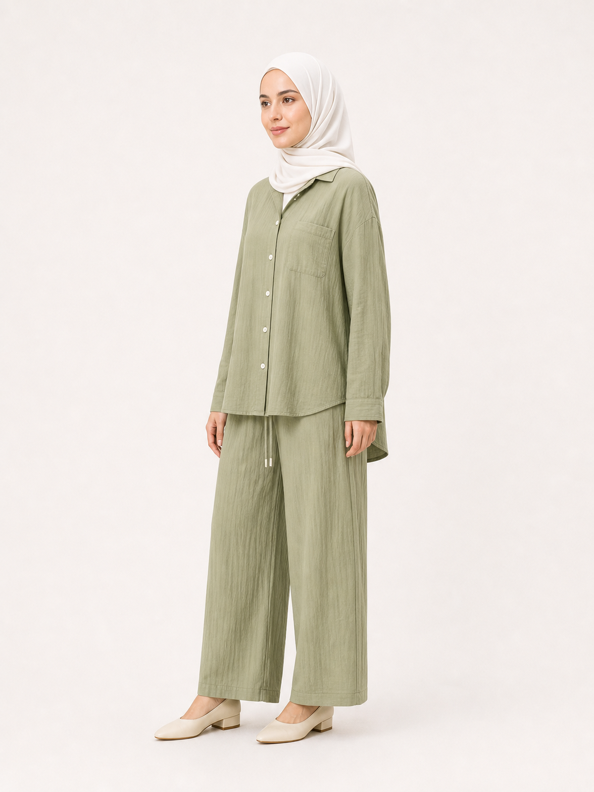 ZOALIN-GALLERY-UNIFIED-1200X1600-20260711-P07-15 | Relaxed Button Shirt & Wide-Leg Pants Set | Sage side angle