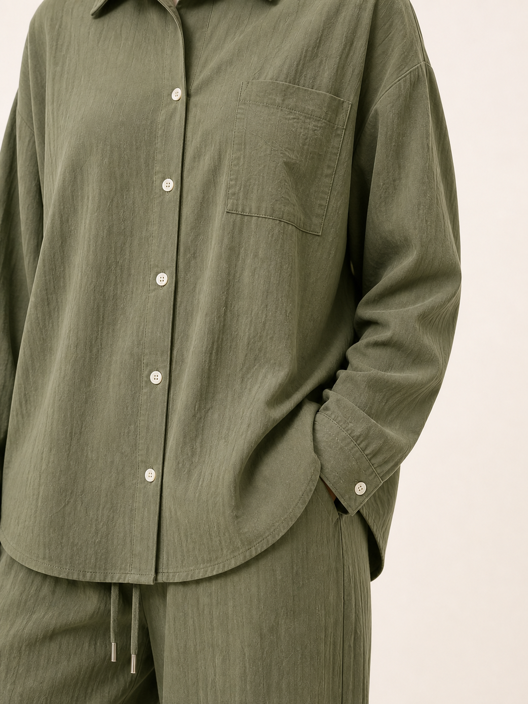 ZOALIN - Relaxed Button Shirt & Wide-Leg Pants Set - Olive - detail