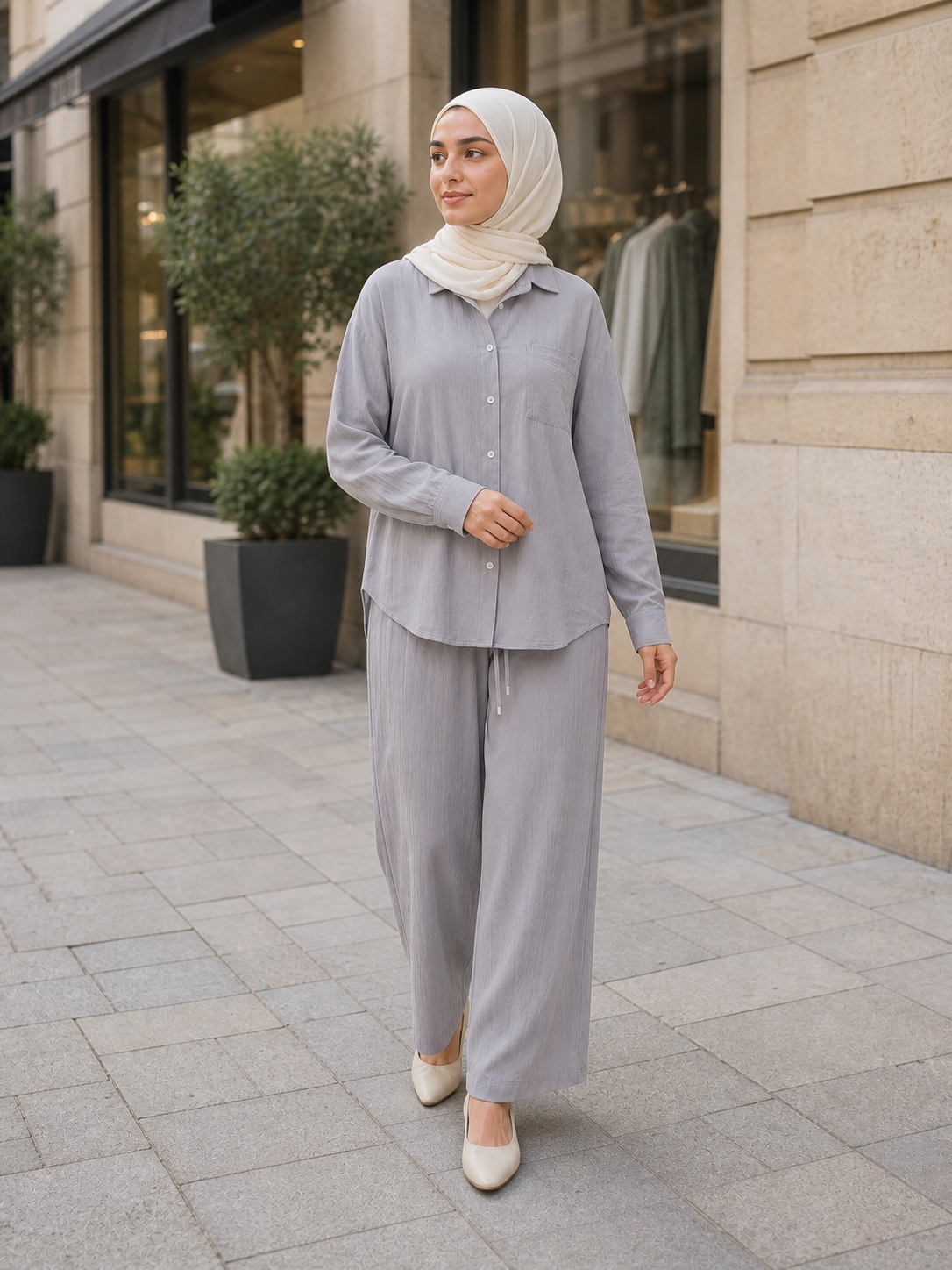 ZOALIN - Relaxed Button Shirt & Wide-Leg Pants Set - Soft Gray - lifestyle