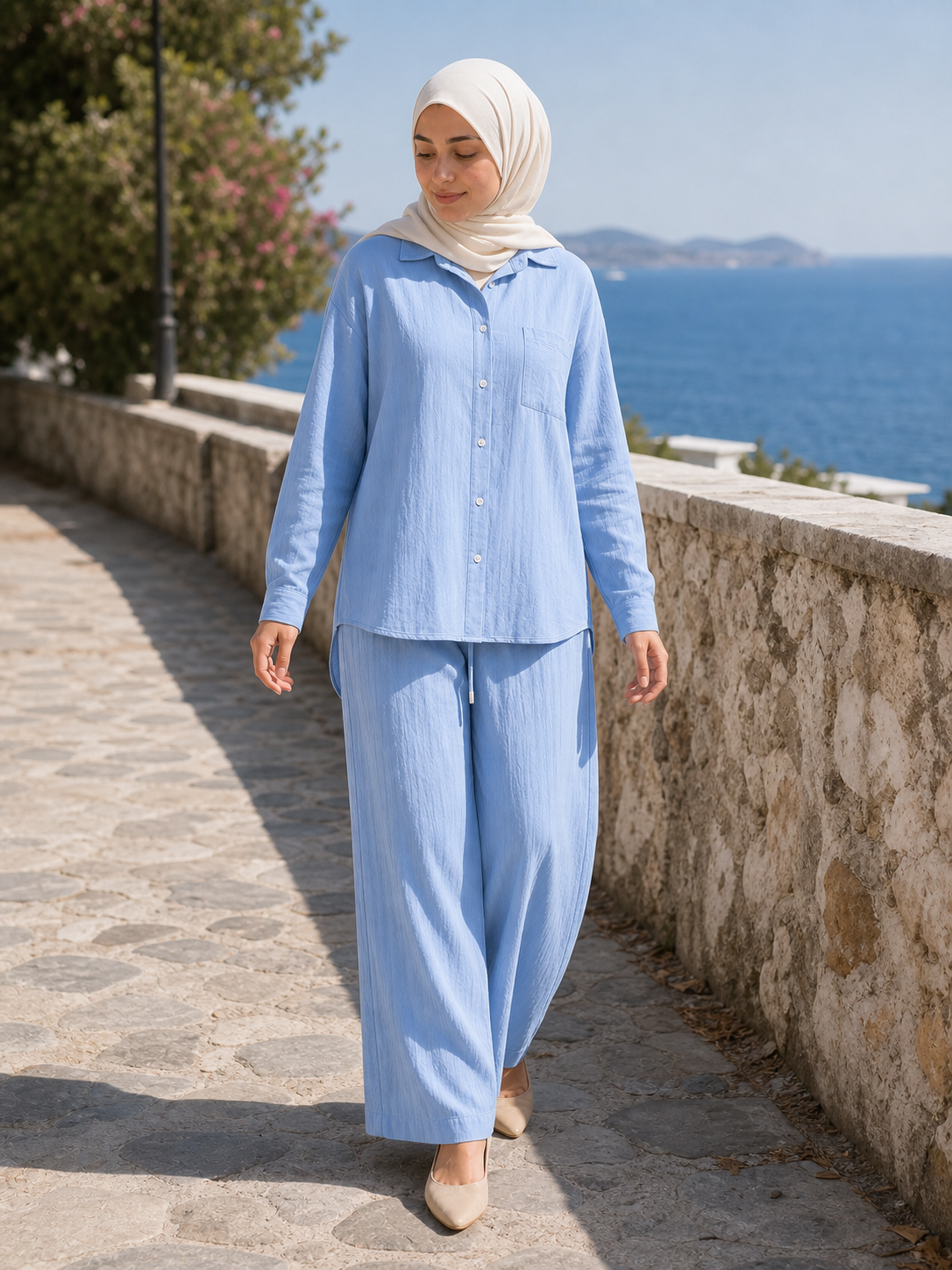 ZOALIN - Relaxed Button Shirt & Wide-Leg Pants Set - Sky Blue - lifestyle
