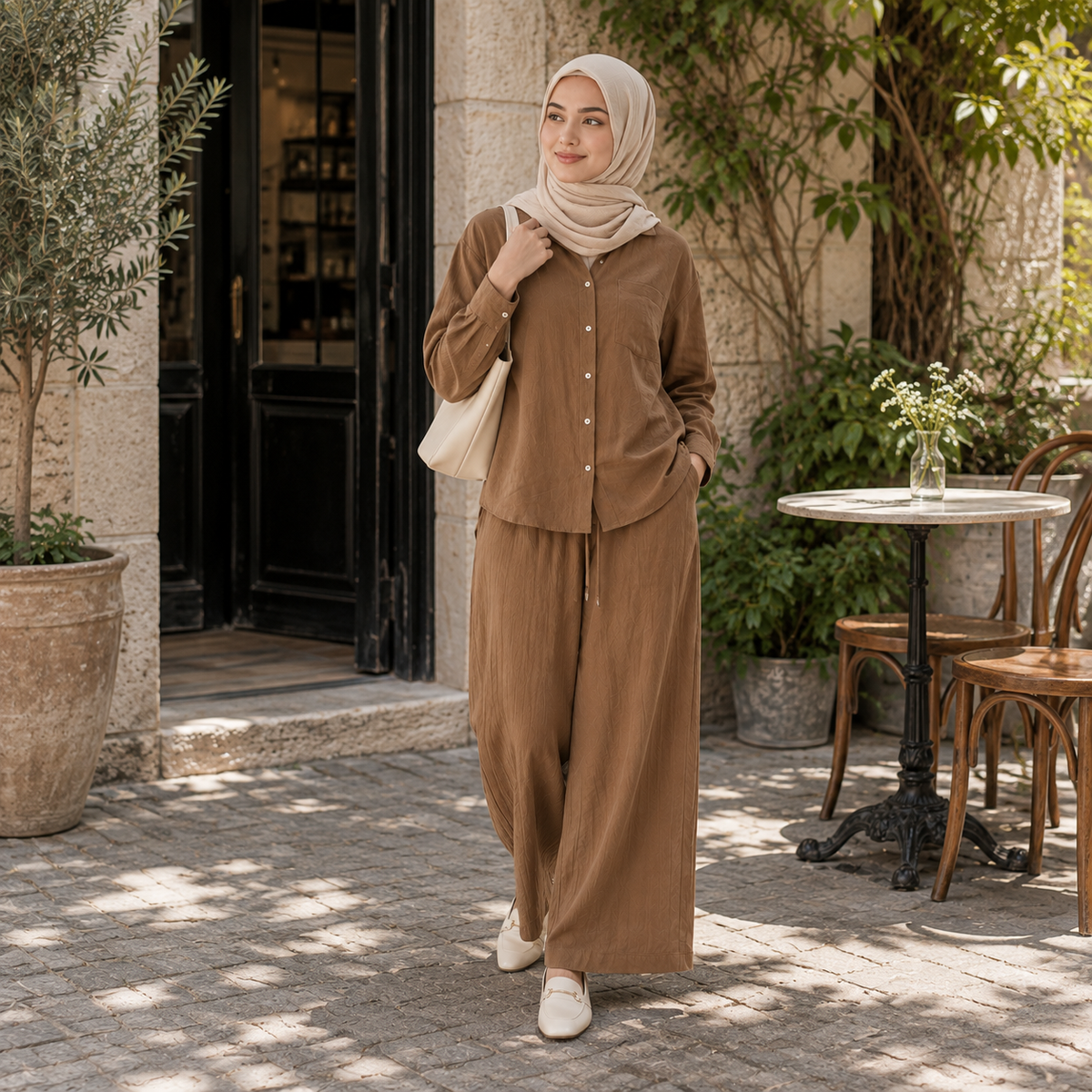 ZOALIN - Relaxed Button Shirt & Wide-Leg Pants Set - Mocha - lifestyle