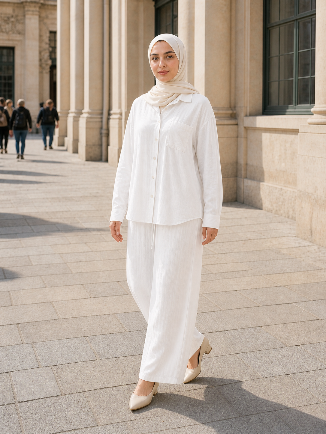 ZOALIN - Relaxed Button Shirt & Wide-Leg Pants Set - White - lifestyle
