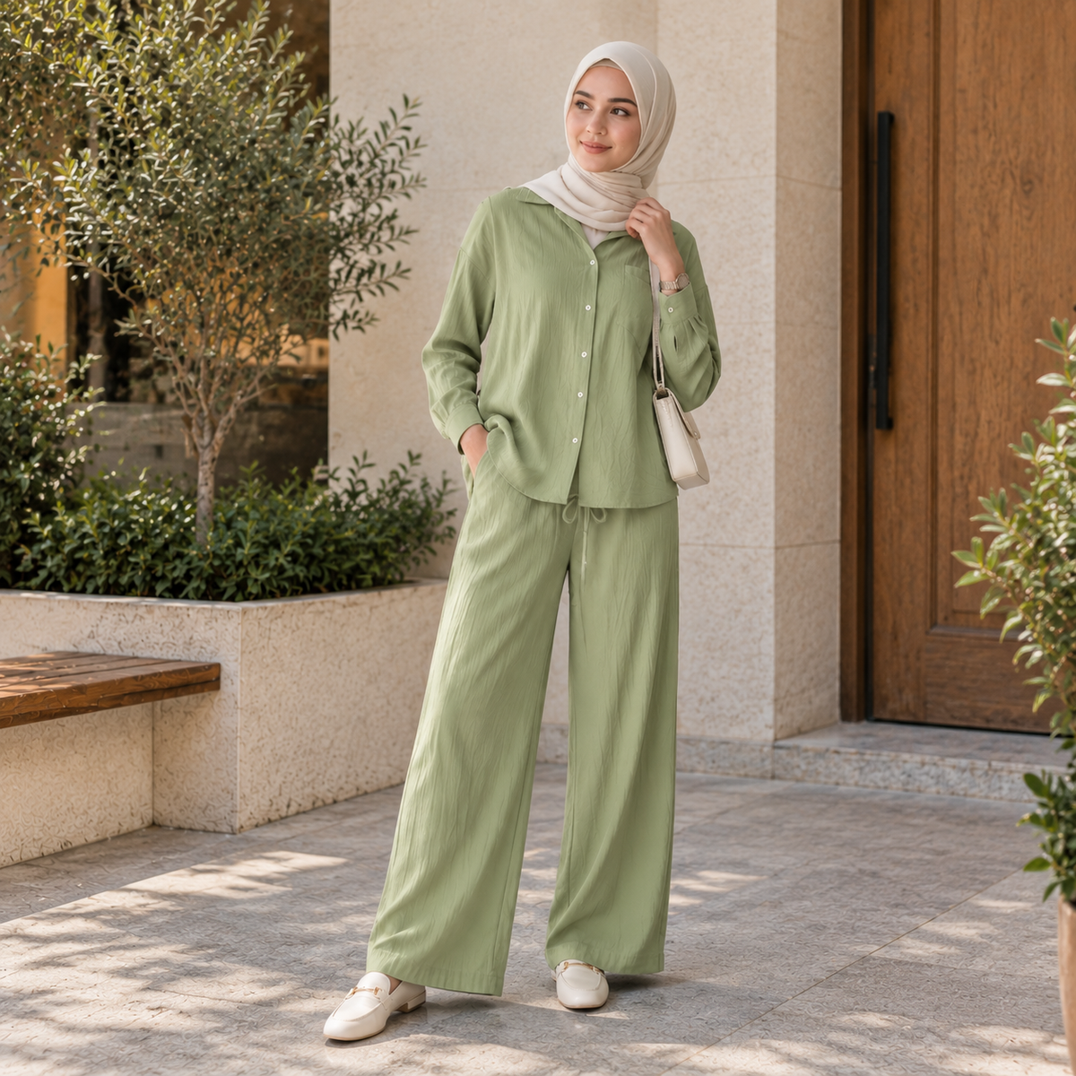 ZOALIN - Relaxed Button Shirt & Wide-Leg Pants Set - Sage - lifestyle