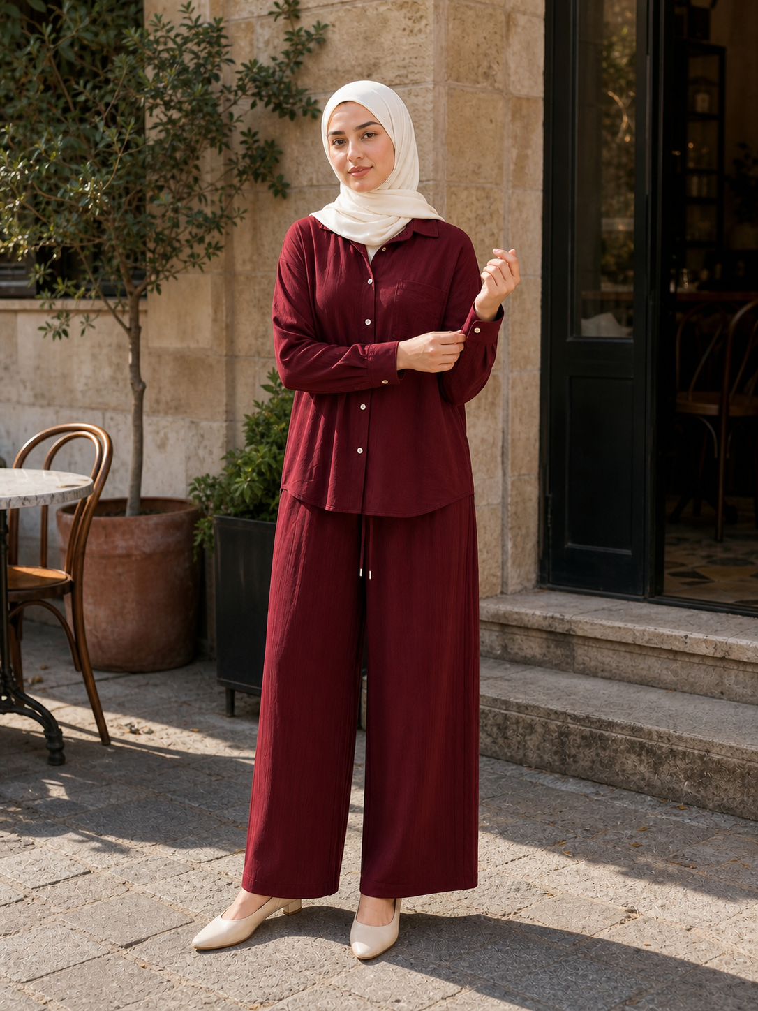 ZOALIN - Relaxed Button Shirt & Wide-Leg Pants Set - Burgundy - lifestyle