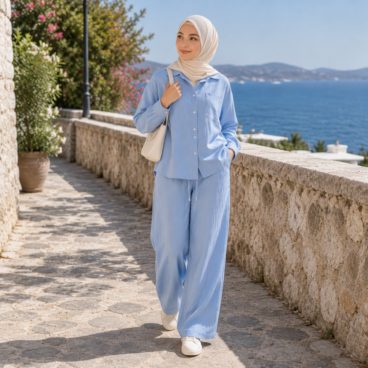ZOALIN - Relaxed Button Shirt & Wide-Leg Pants Set - Sky Blue - lifestyle