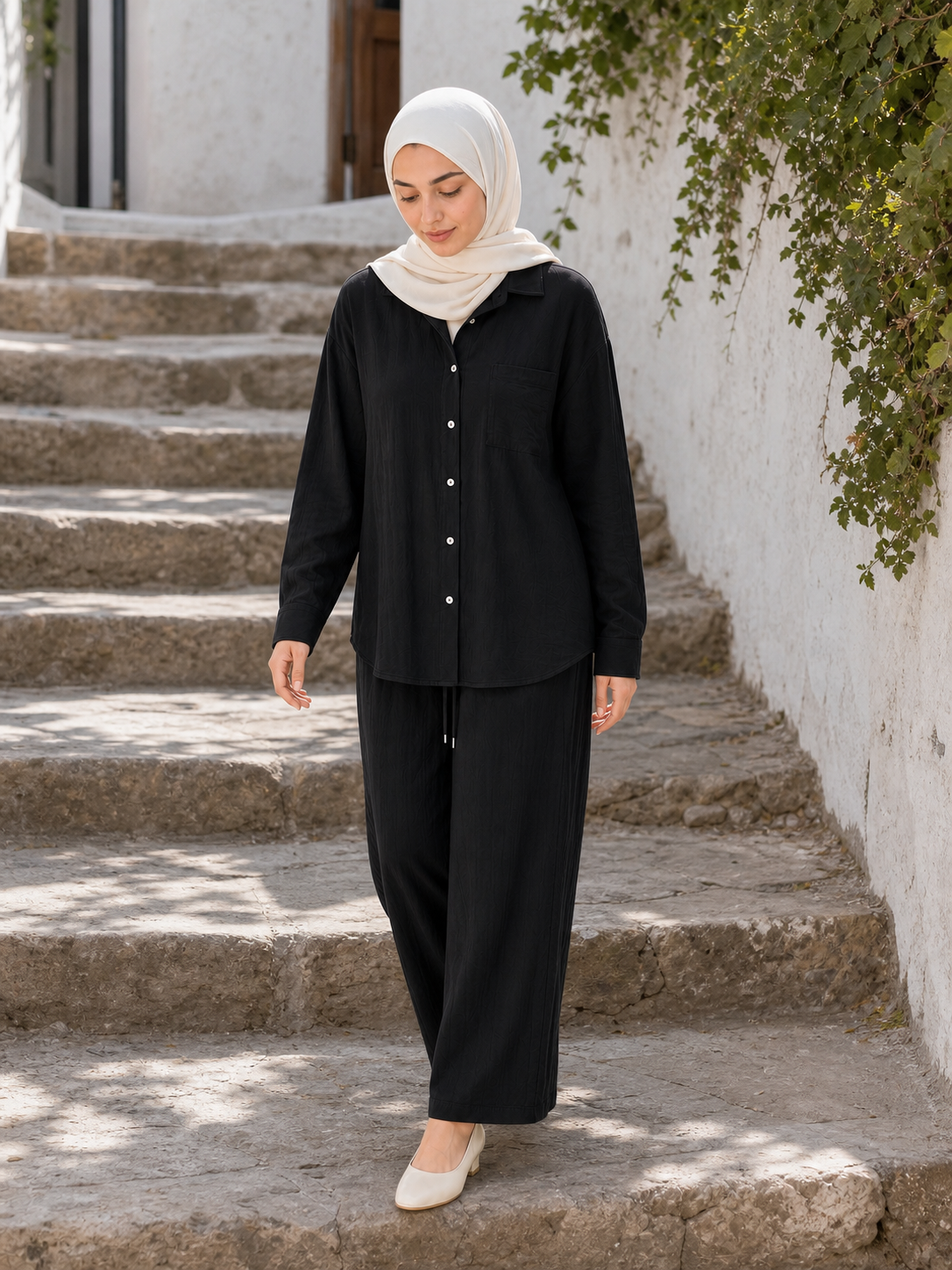ZOALIN - Relaxed Button Shirt & Wide-Leg Pants Set - Black - lifestyle