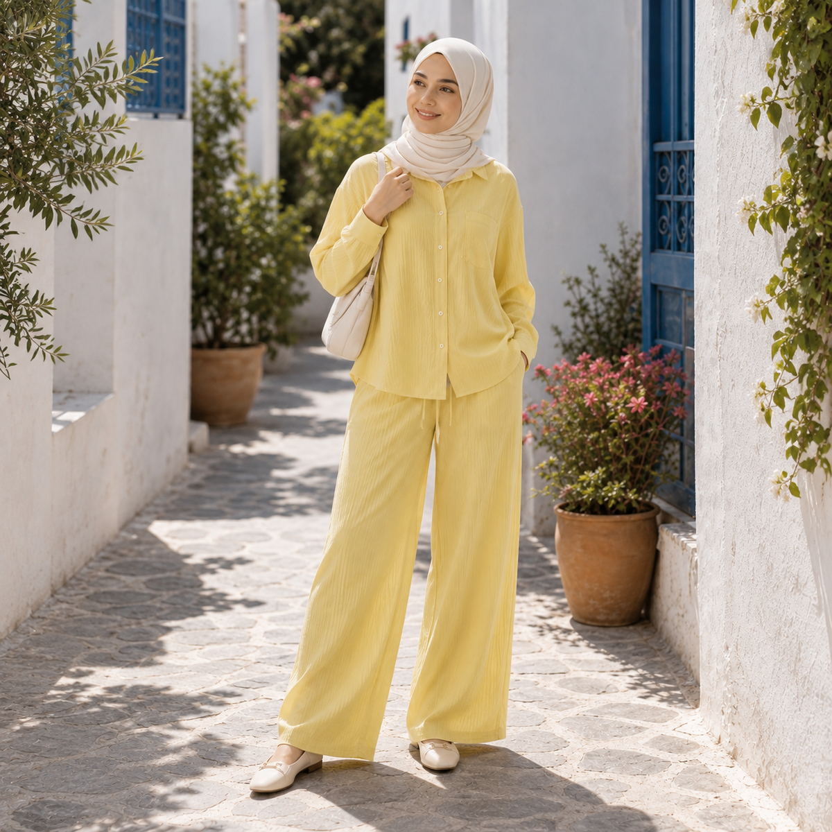 ZOALIN - Relaxed Button Shirt & Wide-Leg Pants Set - Butter Yellow - lifestyle
