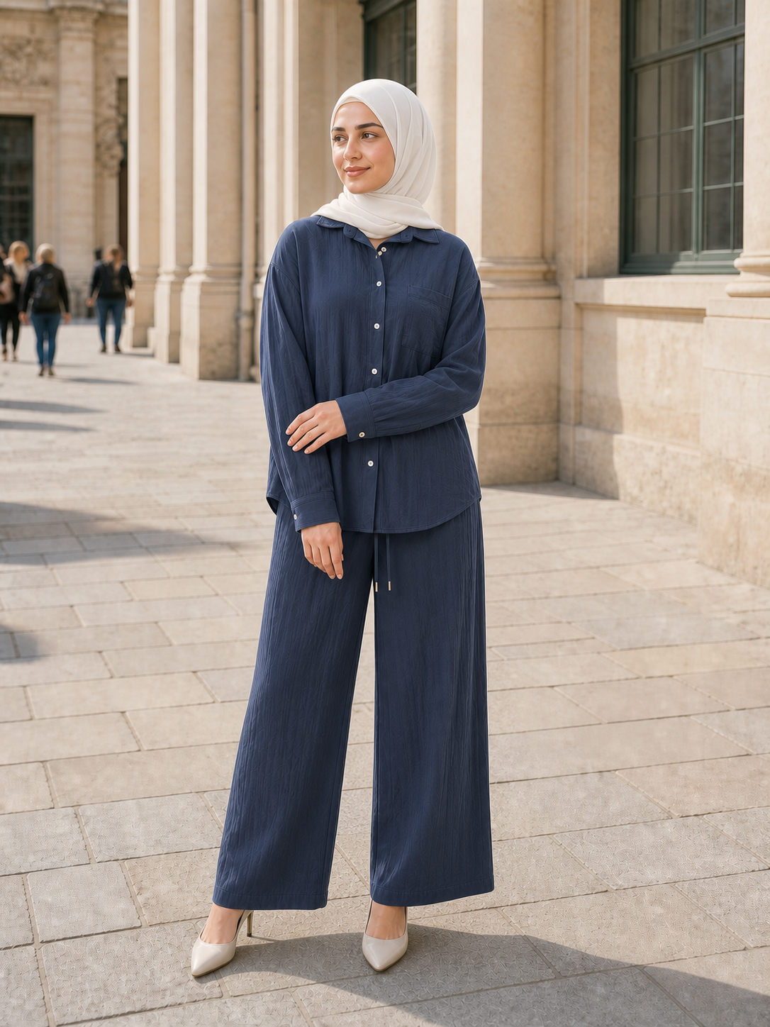 ZOALIN - Relaxed Button Shirt & Wide-Leg Pants Set - Navy - lifestyle