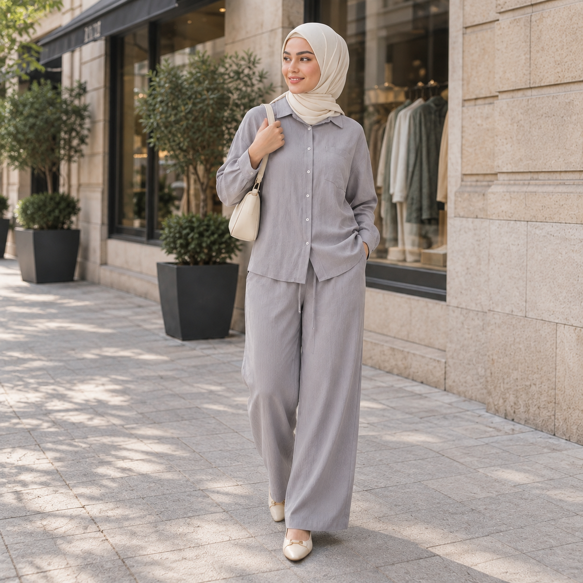 ZOALIN - Relaxed Button Shirt & Wide-Leg Pants Set - Soft Gray - lifestyle