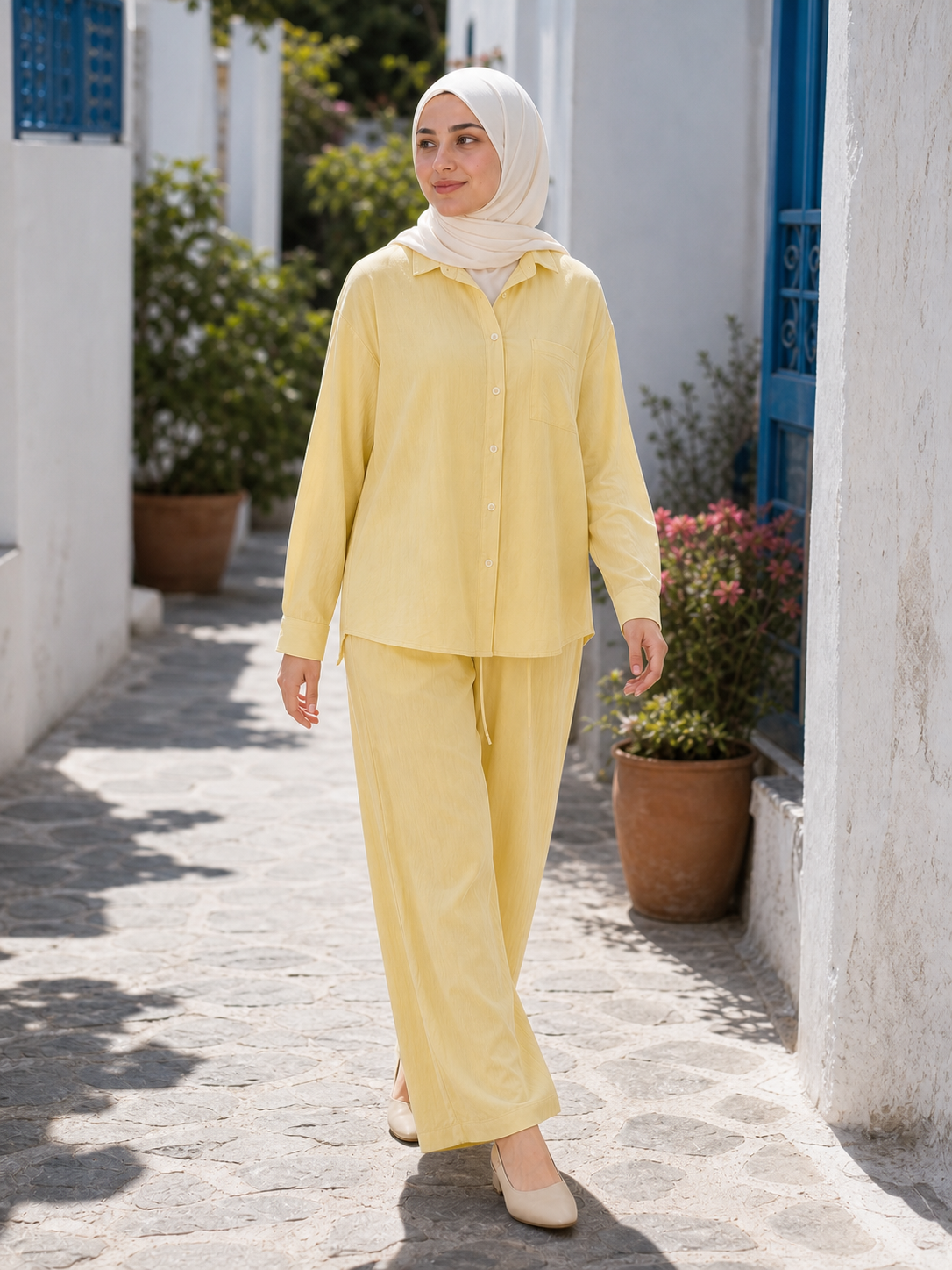 ZOALIN - Relaxed Button Shirt & Wide-Leg Pants Set - Butter Yellow - lifestyle