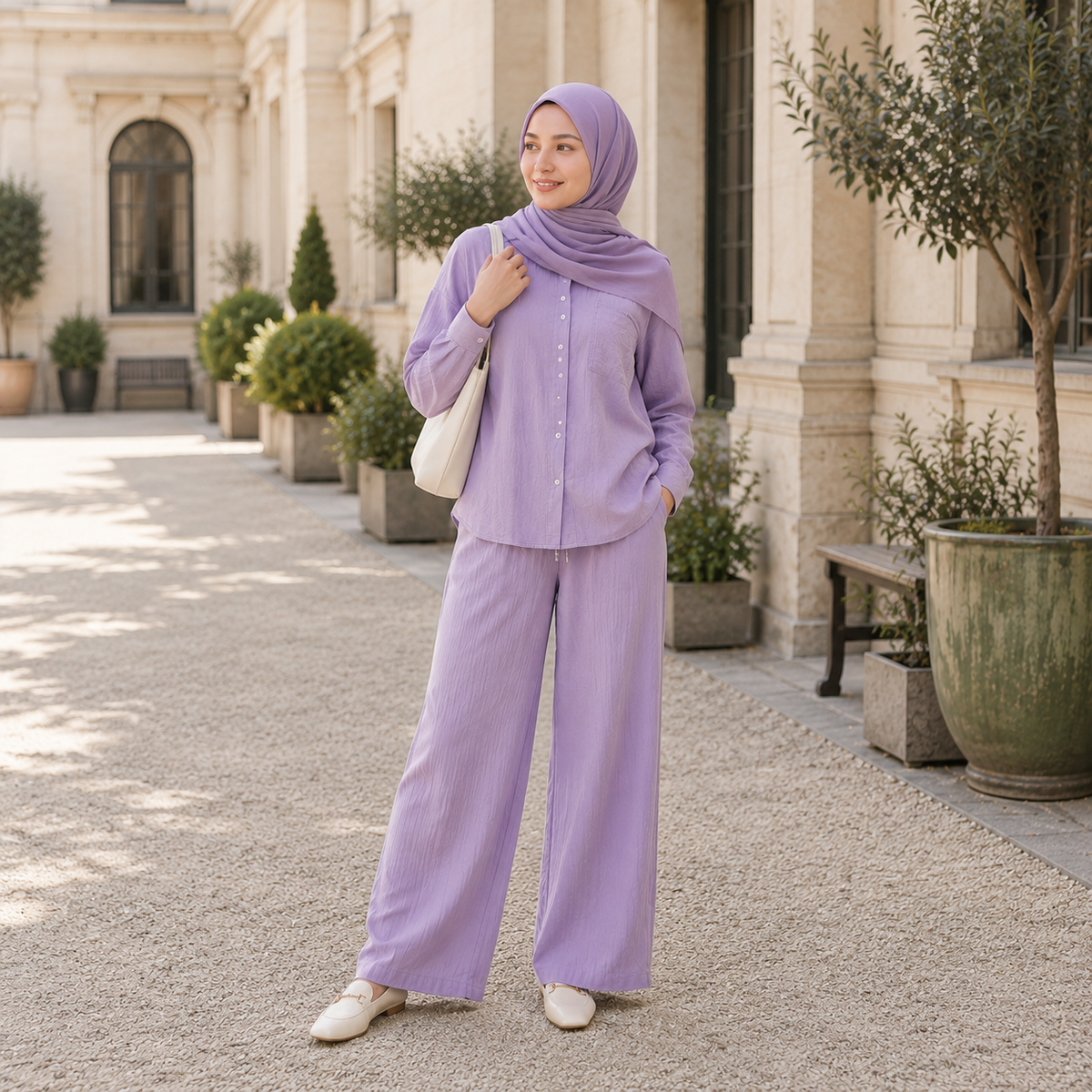 ZOALIN - Relaxed Button Shirt & Wide-Leg Pants Set - Lavender - lifestyle