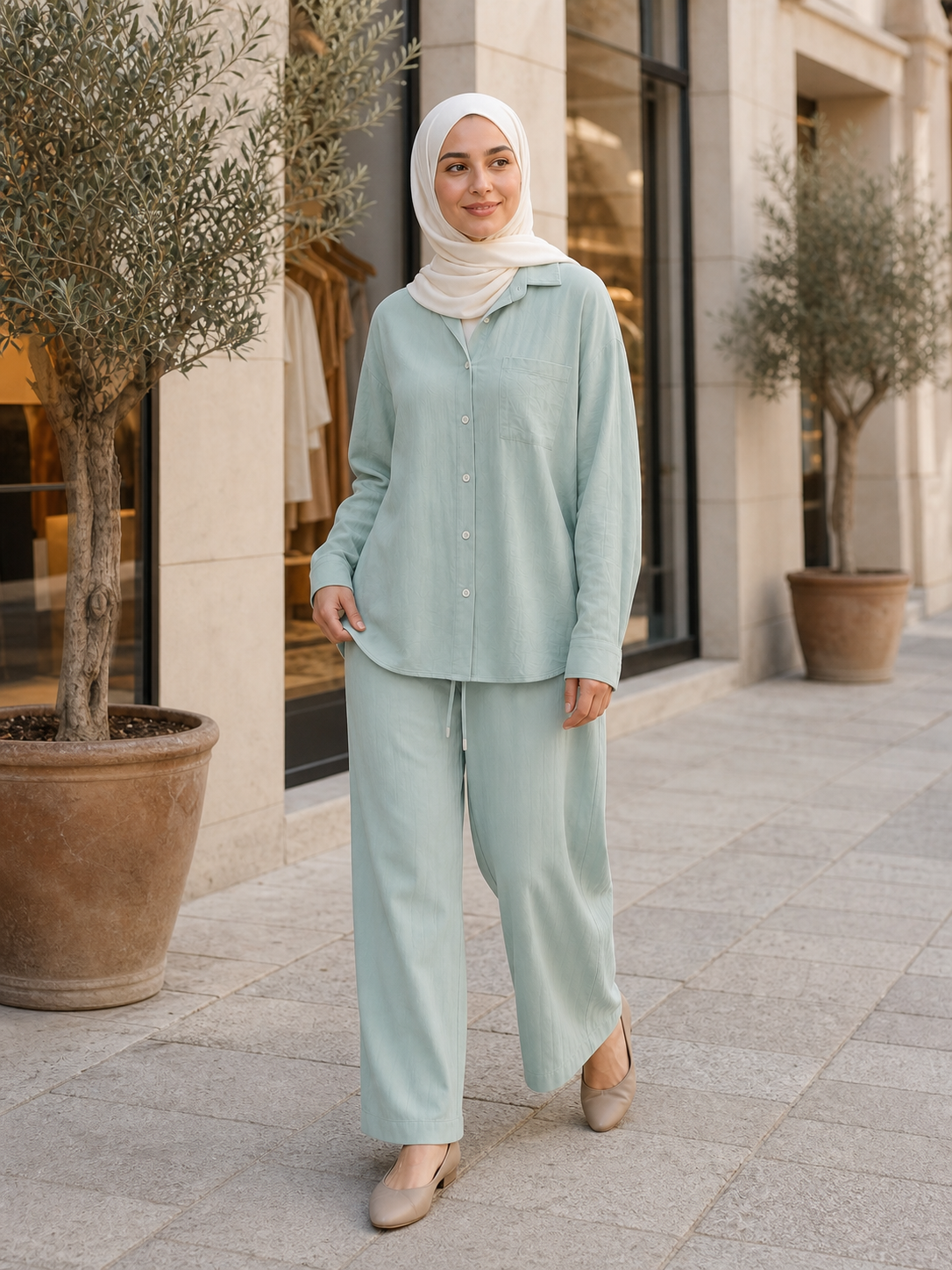 ZOALIN - Relaxed Button Shirt & Wide-Leg Pants Set - Mint - lifestyle