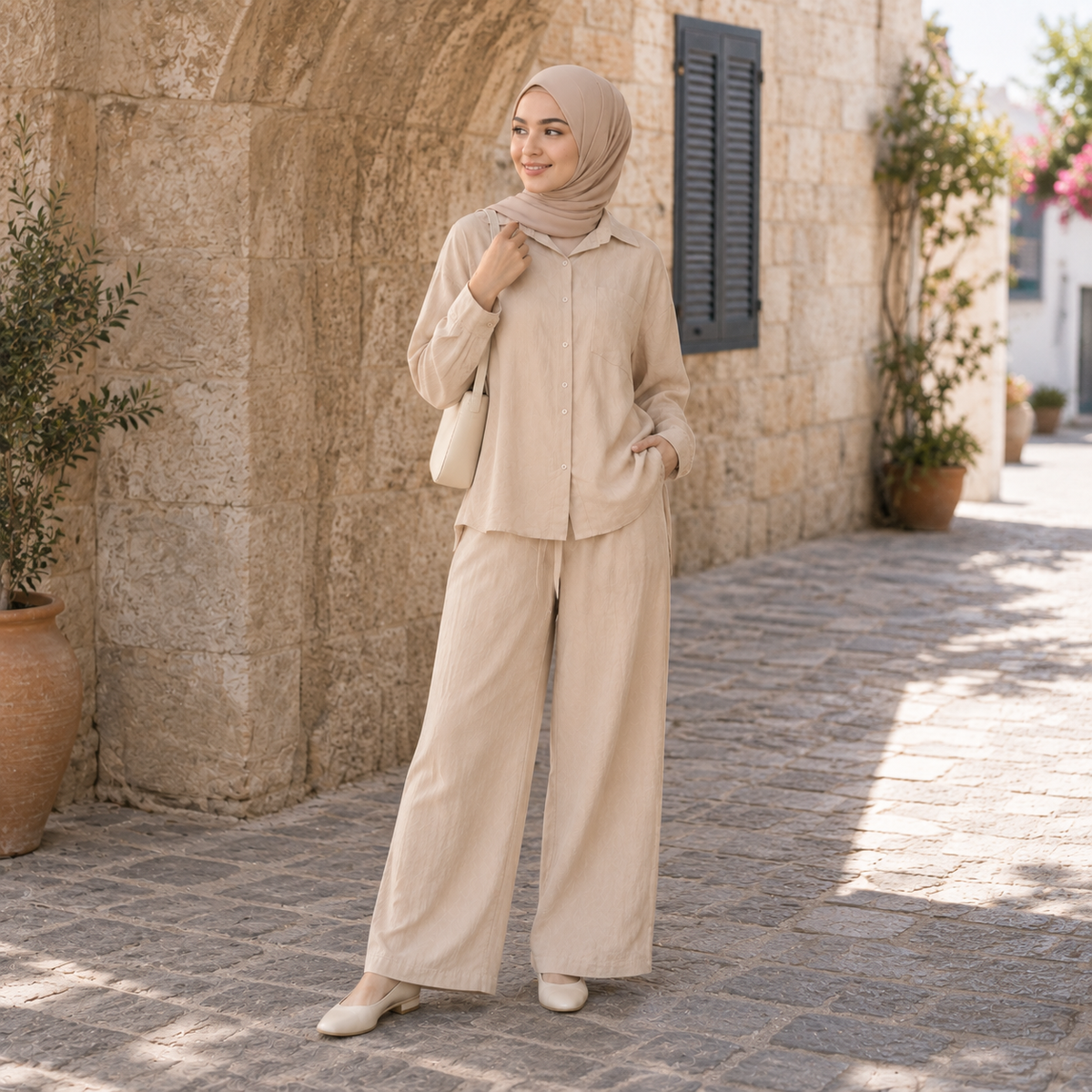 ZOALIN - Relaxed Button Shirt & Wide-Leg Pants Set - Sand - lifestyle