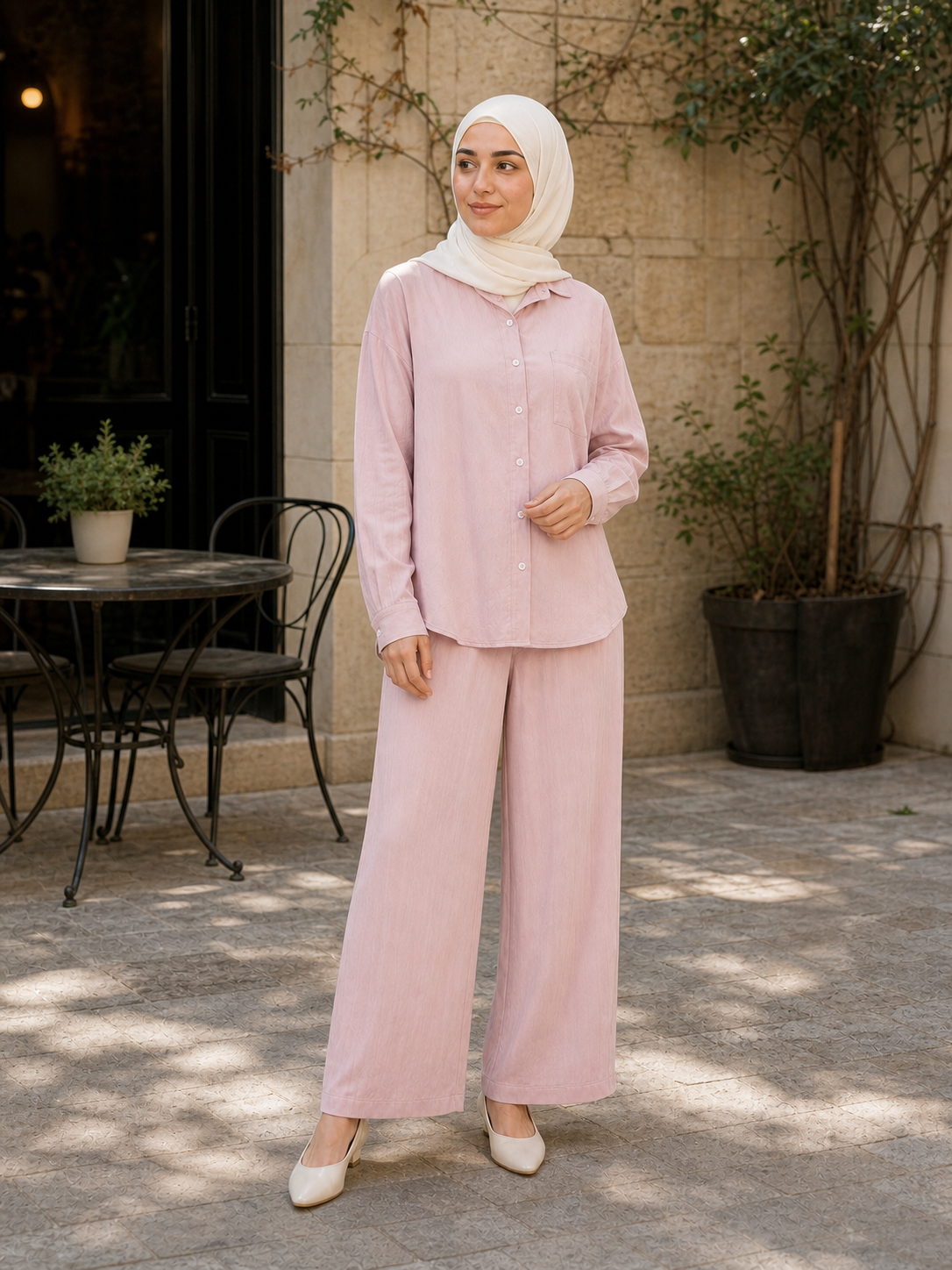 ZOALIN - Relaxed Button Shirt & Wide-Leg Pants Set - Blush - lifestyle