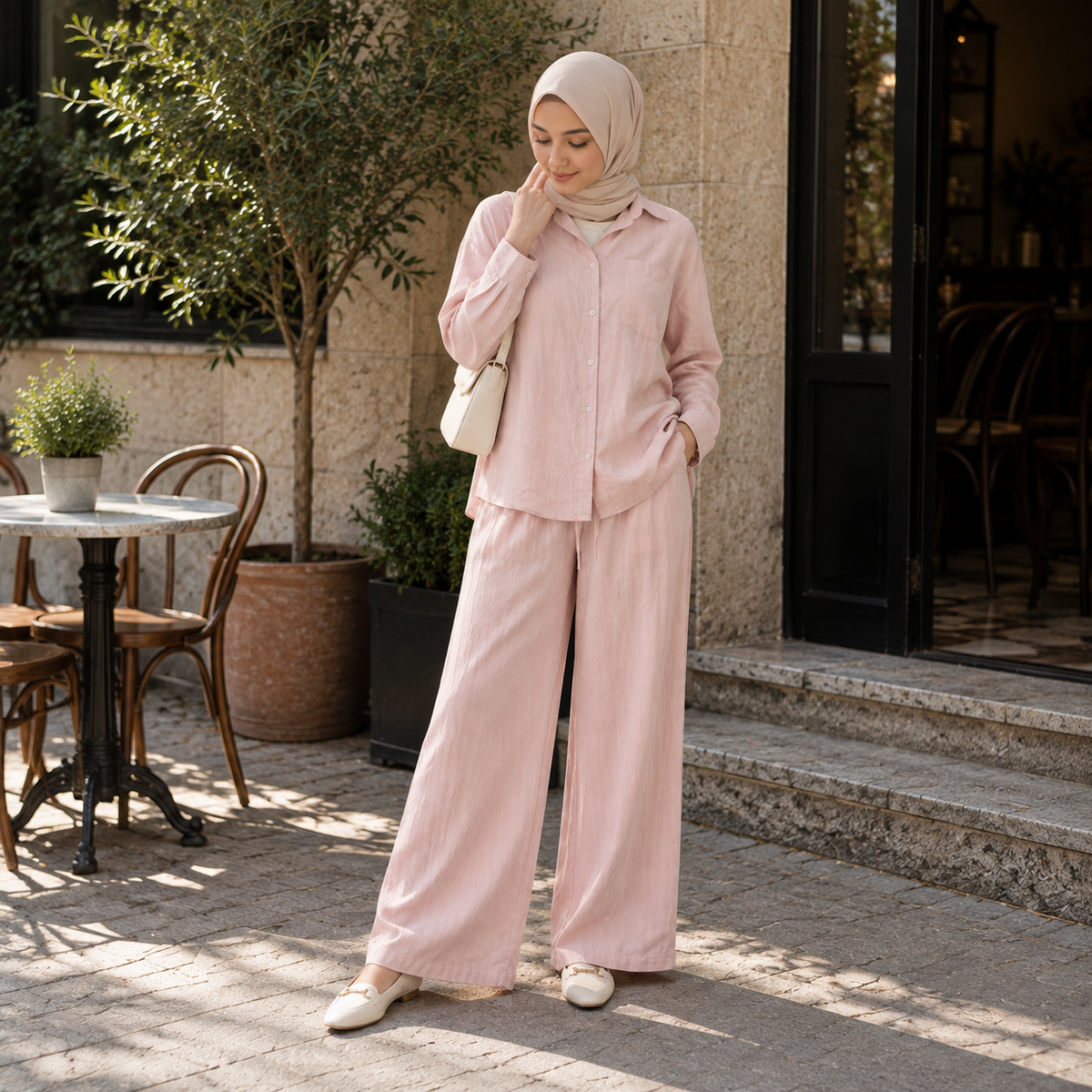 ZOALIN - Relaxed Button Shirt & Wide-Leg Pants Set - Blush - lifestyle