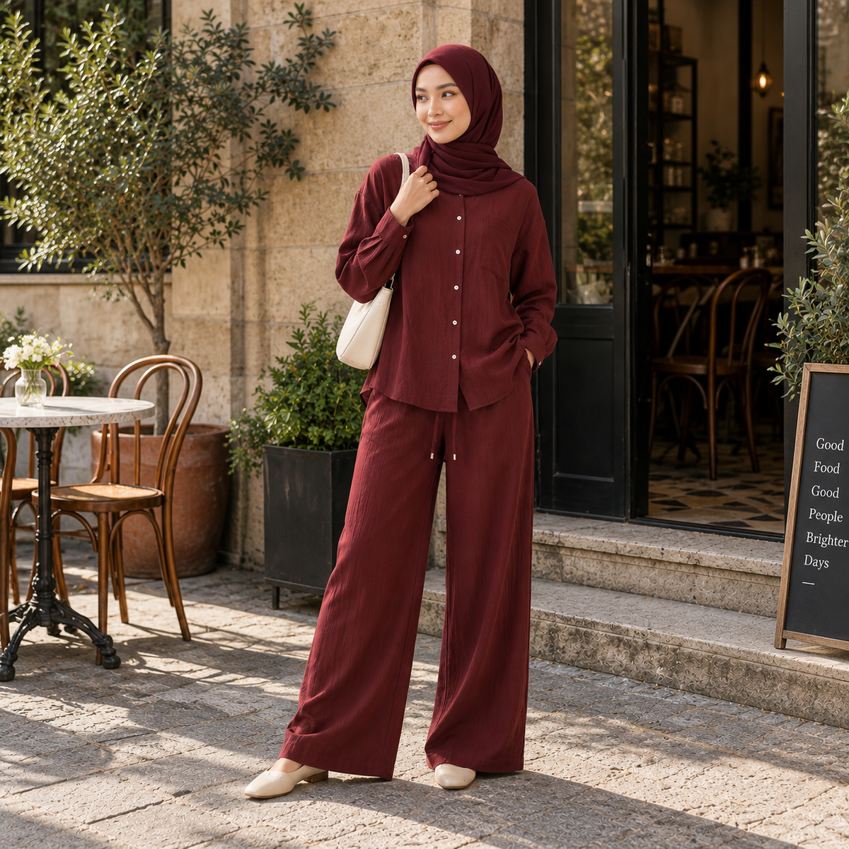 ZOALIN - Relaxed Button Shirt & Wide-Leg Pants Set - Burgundy - lifestyle