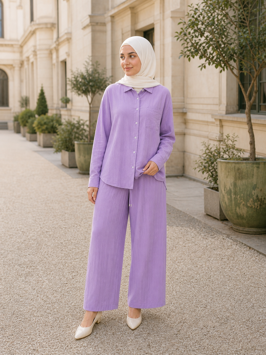 ZOALIN - Relaxed Button Shirt & Wide-Leg Pants Set - Lavender - lifestyle