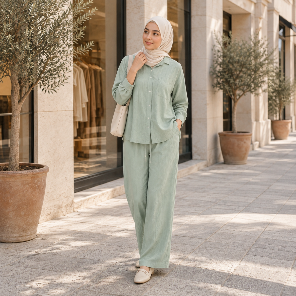ZOALIN - Relaxed Button Shirt & Wide-Leg Pants Set - Mint - lifestyle