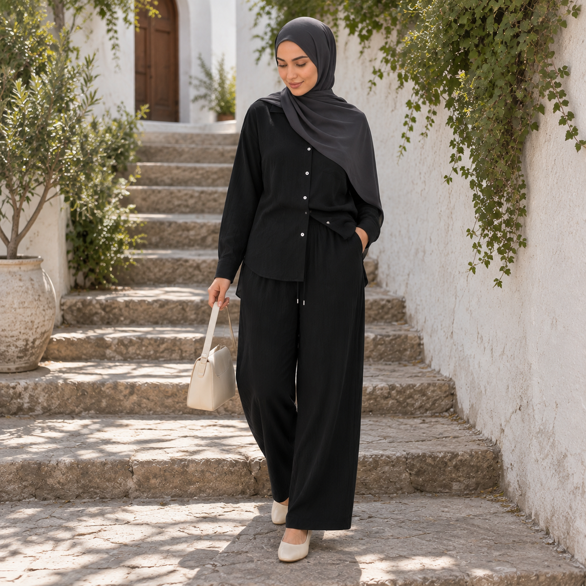 ZOALIN - Relaxed Button Shirt & Wide-Leg Pants Set - Black - lifestyle