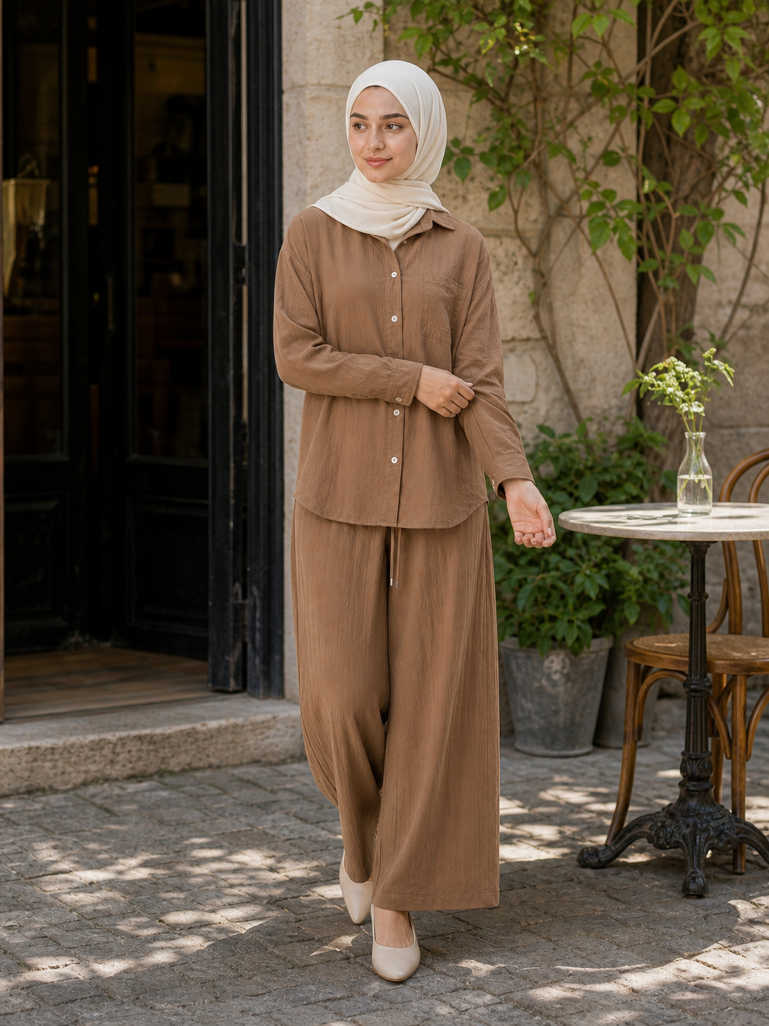 ZOALIN - Relaxed Button Shirt & Wide-Leg Pants Set - Mocha - lifestyle