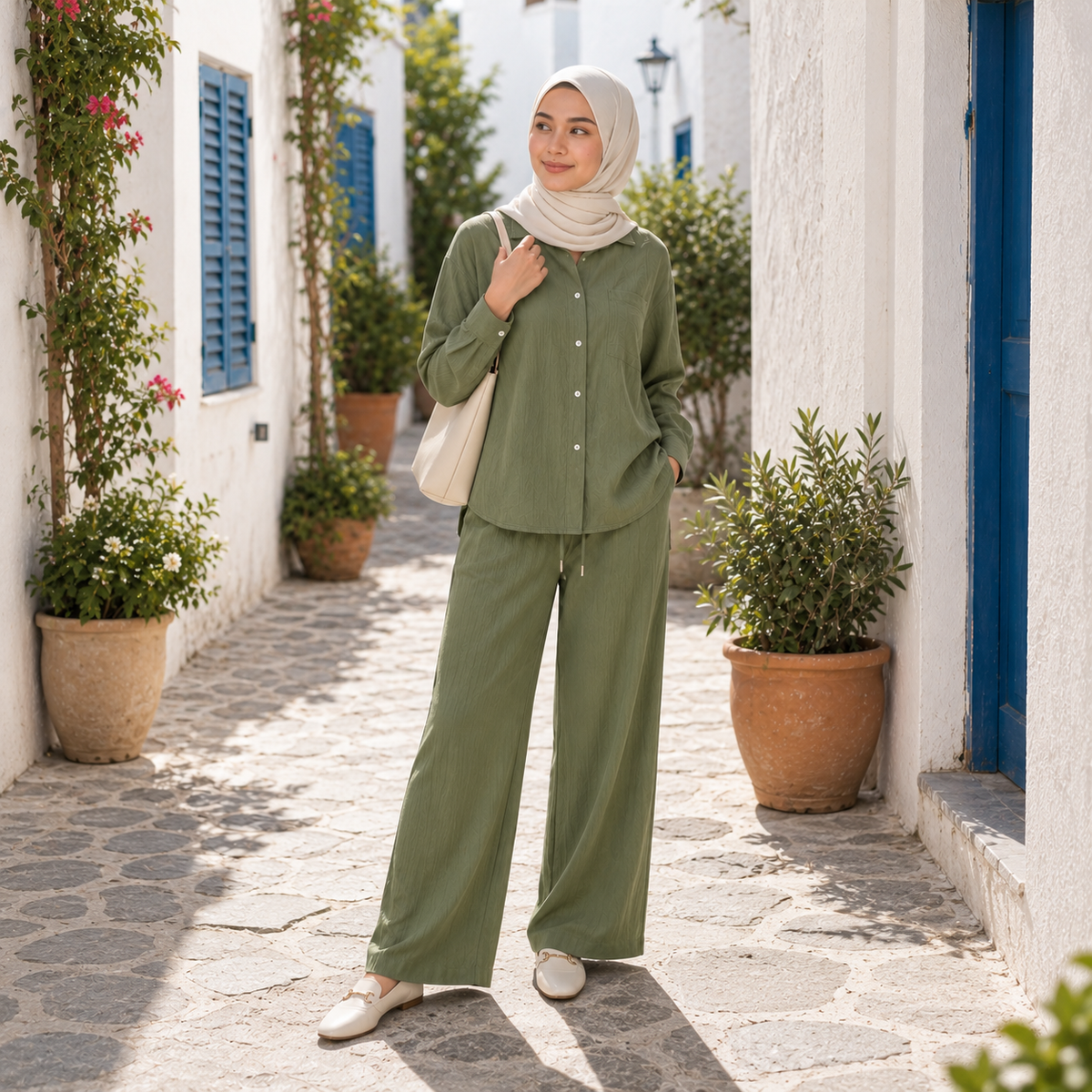 ZOALIN - Relaxed Button Shirt & Wide-Leg Pants Set - Olive - lifestyle