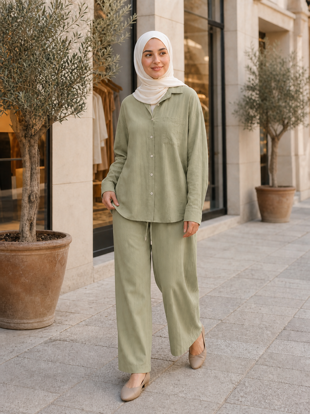 ZOALIN - Relaxed Button Shirt & Wide-Leg Pants Set - Sage - lifestyle
