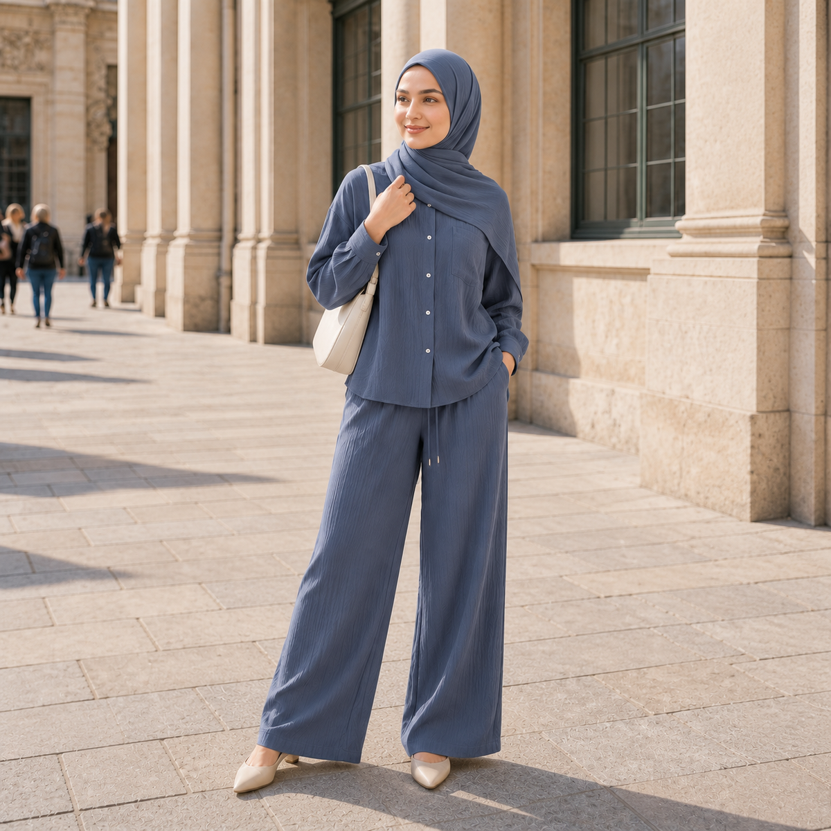 ZOALIN - Relaxed Button Shirt & Wide-Leg Pants Set - Navy - lifestyle