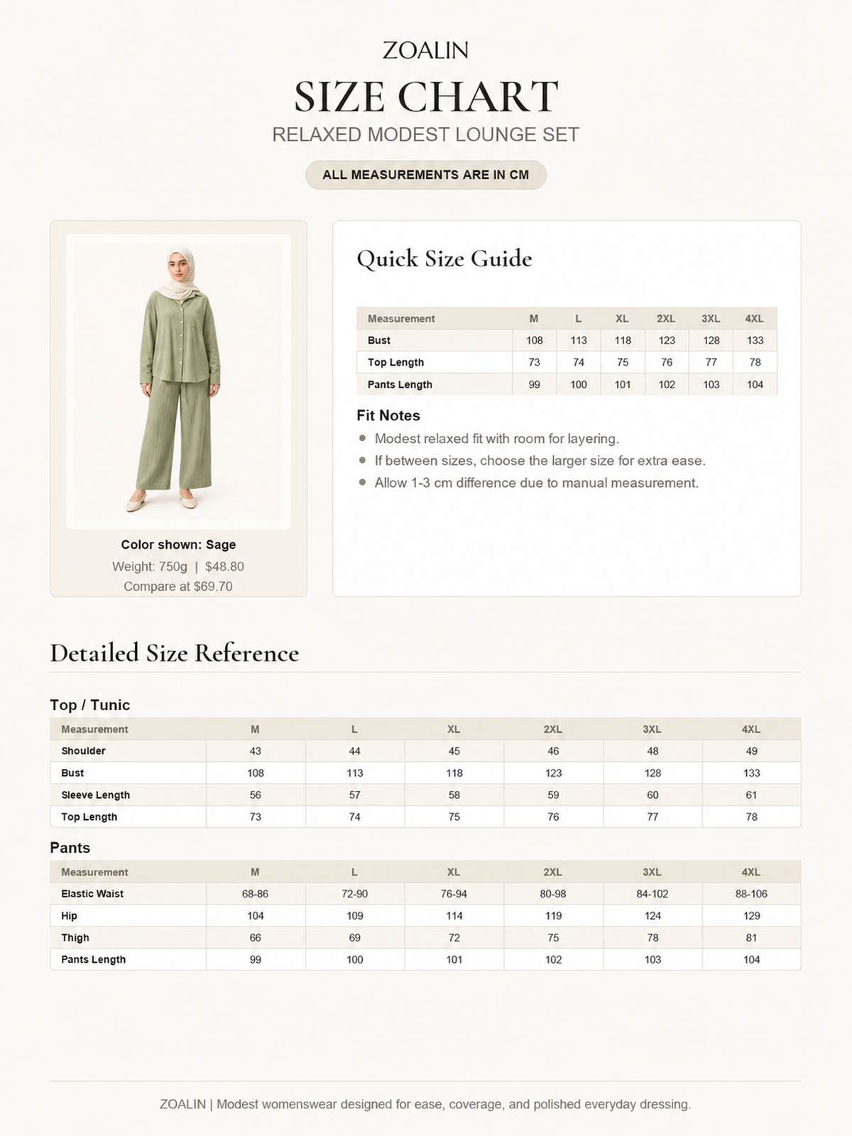 ZOALIN - Relaxed Button Shirt & Wide-Leg Pants Set - size-chart