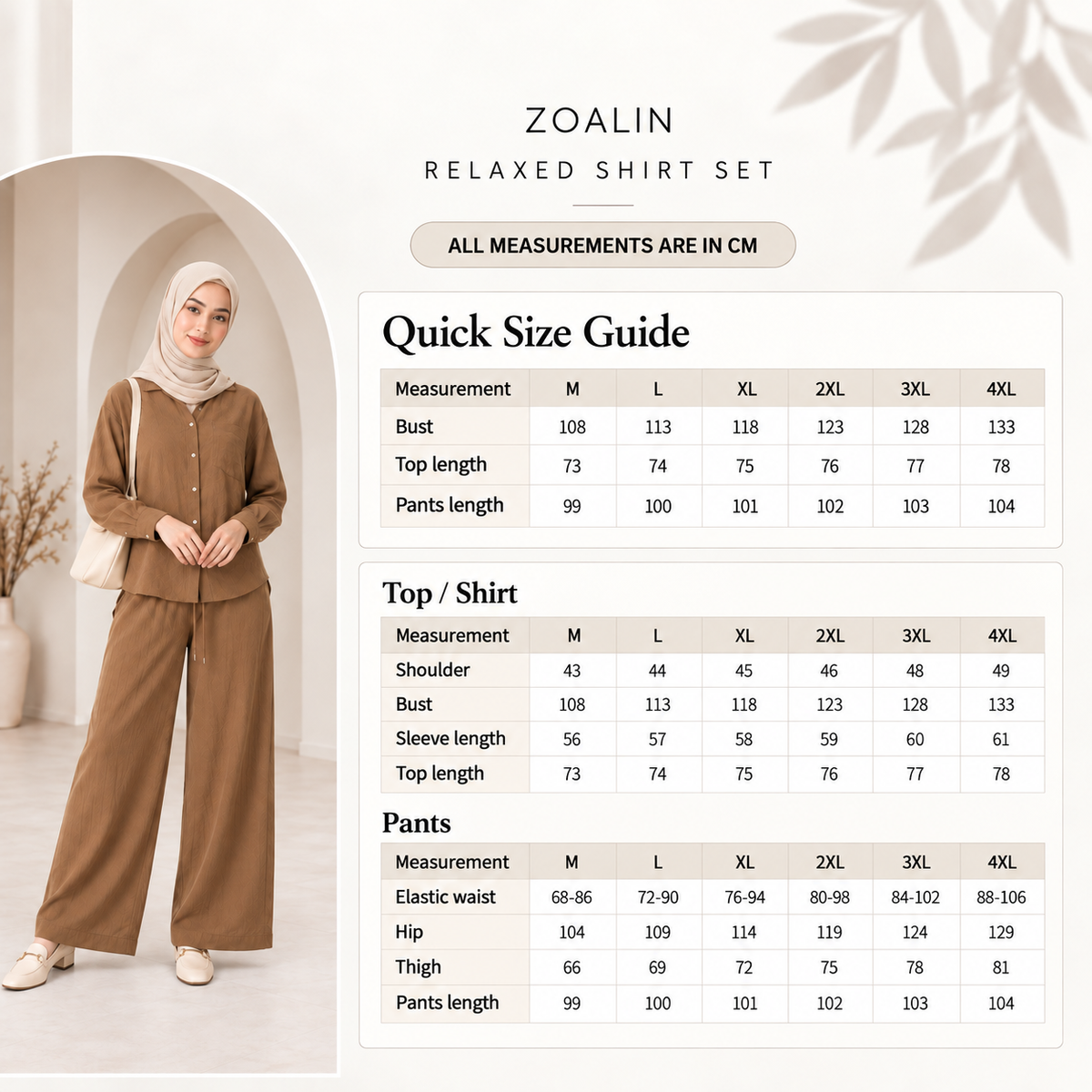 ZOALIN RELAXED SHIRT SET - Size chart - centimeters - arched layout 20260910