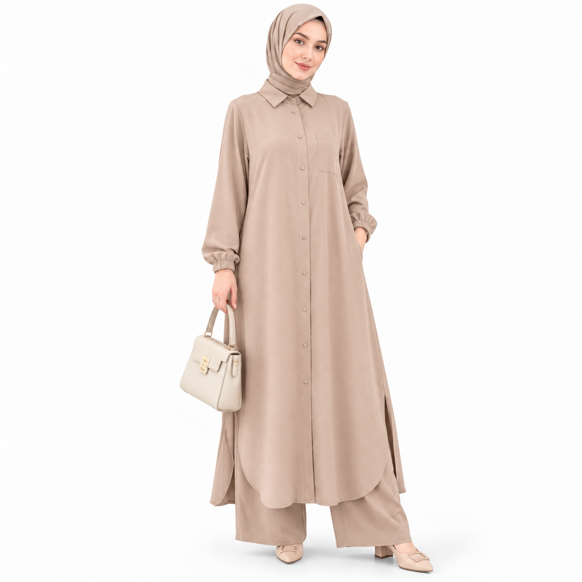 ZOALIN - Soft Layered Button Tunic & Pants Set - Camel - front