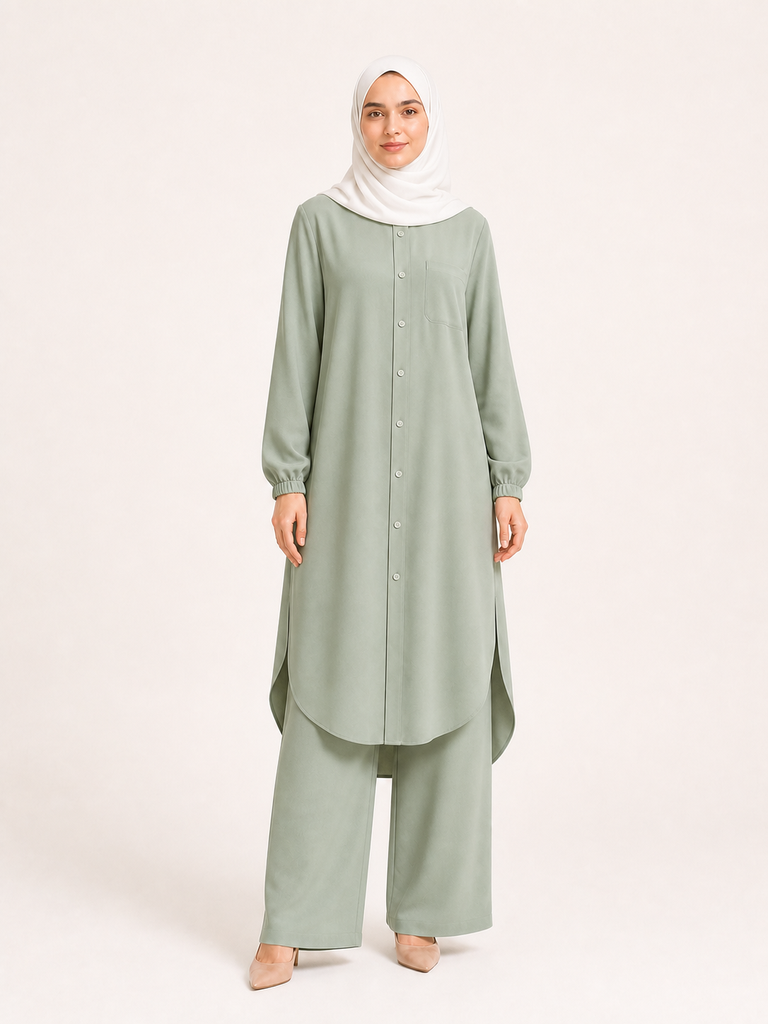 ZOALIN - Soft Layered Button Tunic & Pants Set - Sage Green - front