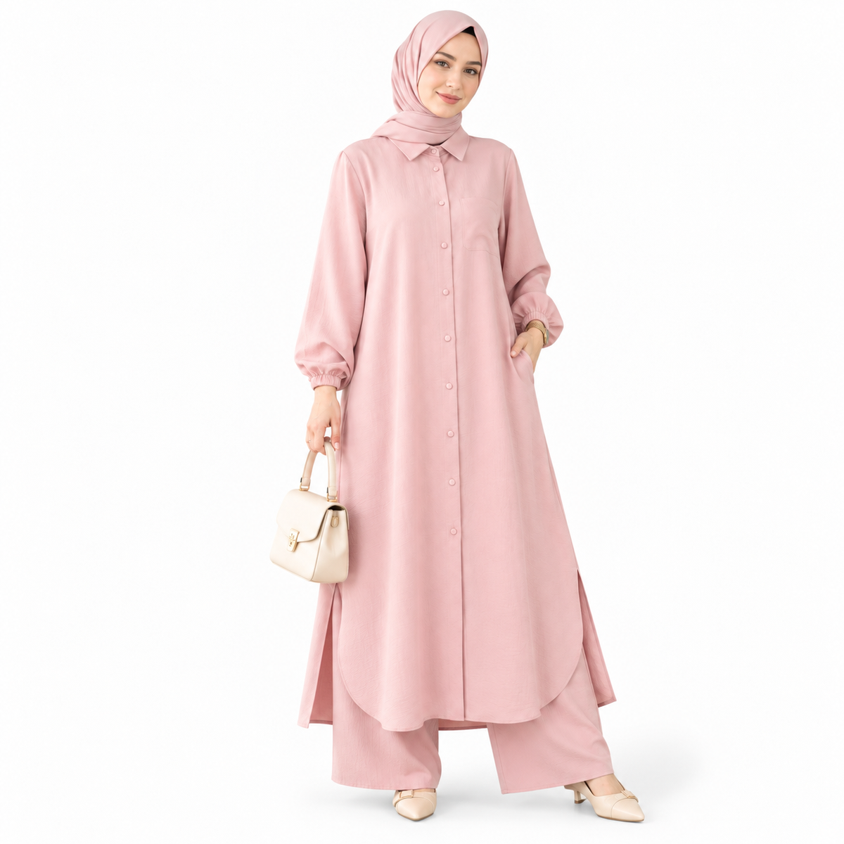 ZOALIN - Soft Layered Button Tunic & Pants Set - Blush Pink - front