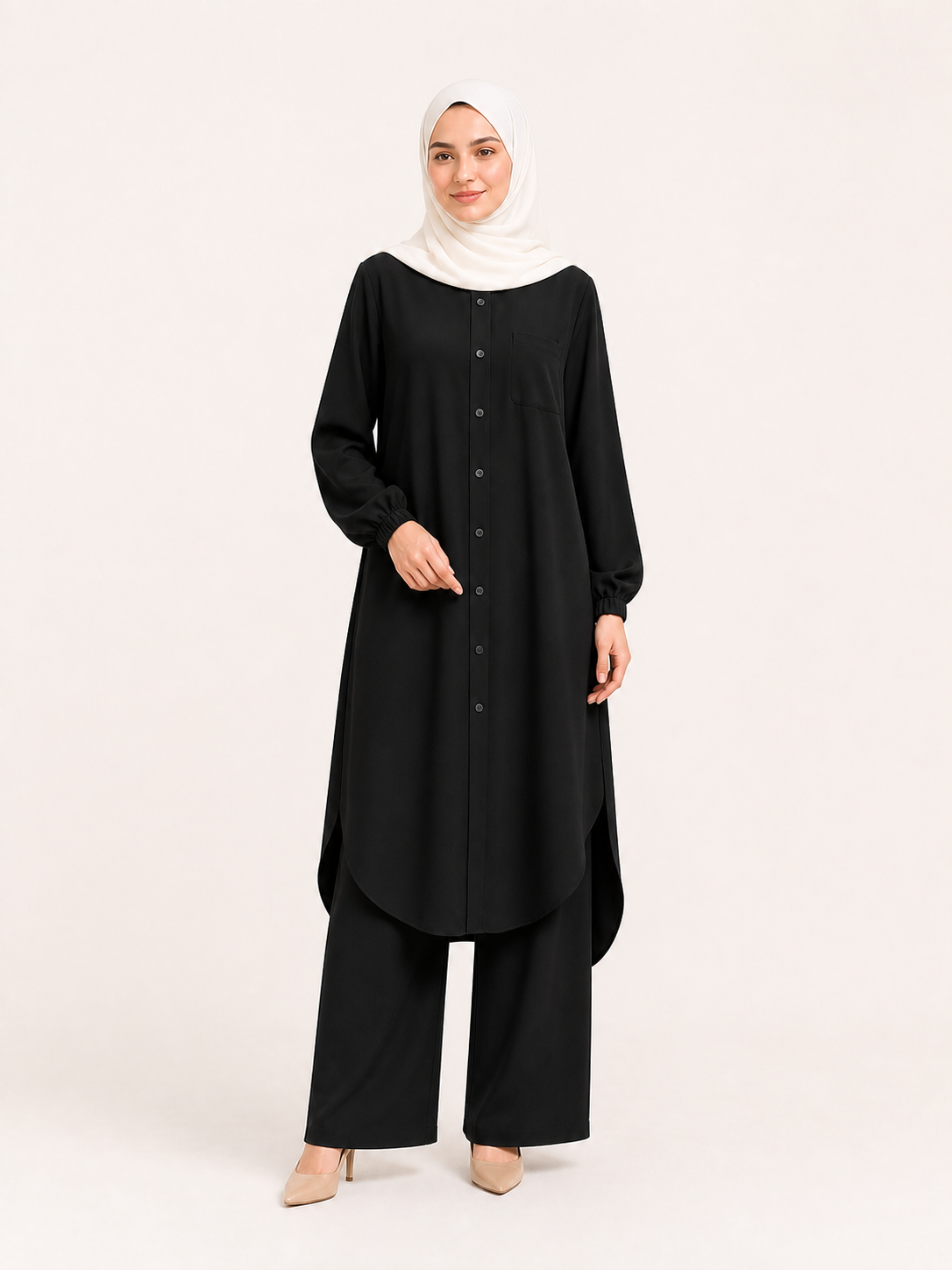 ZOALIN - Soft Layered Button Tunic & Pants Set - Black - front