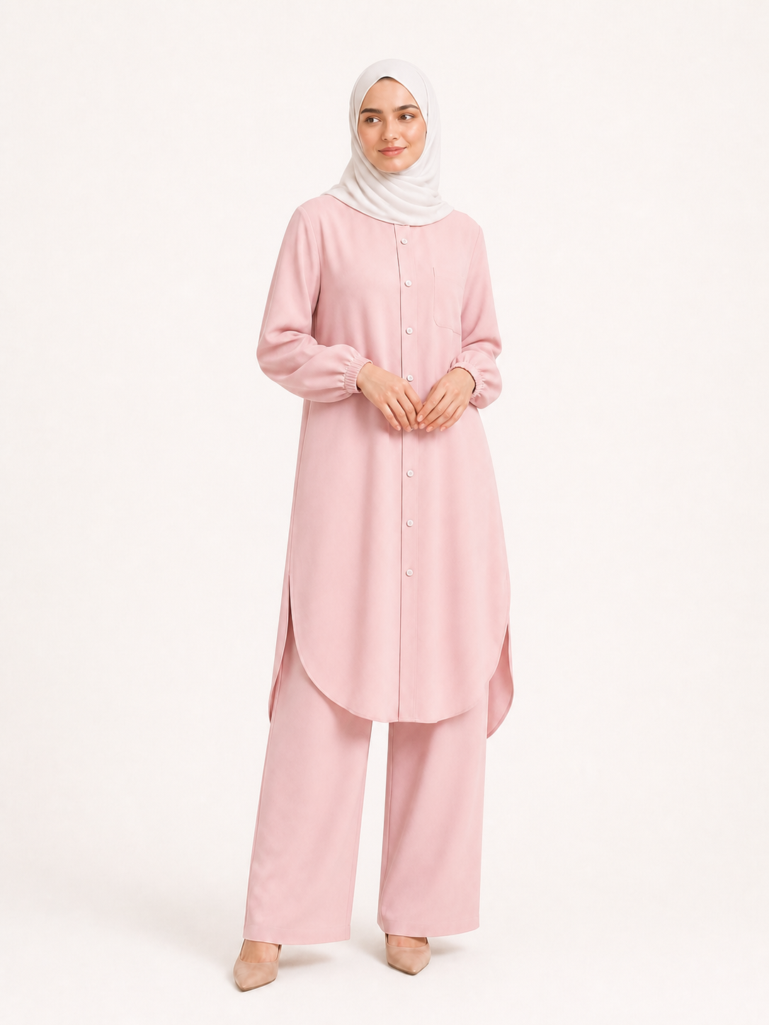 ZOALIN - Soft Layered Button Tunic & Pants Set - Blush Pink - front