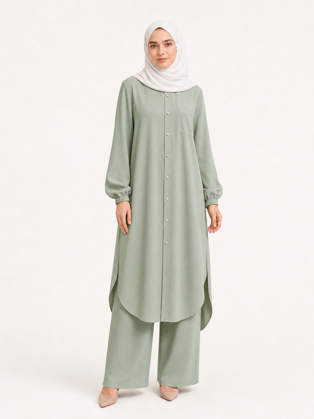 ZOALIN-SKU-COLOR-AUDIT-20260711-P02-03 | Soft Layered Button Tunic & Pants Set | Sage Green front view