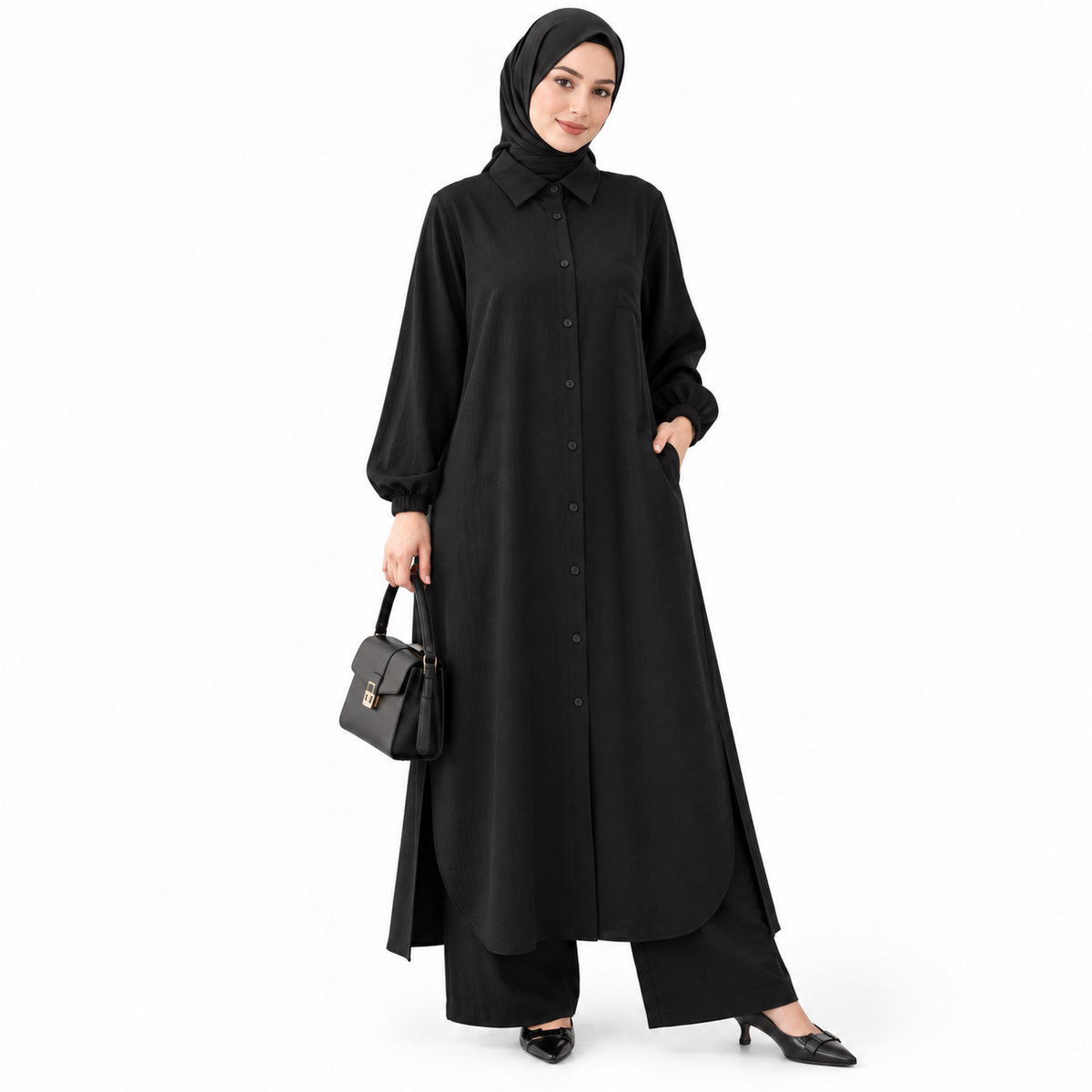 ZOALIN - Soft Layered Button Tunic & Pants Set - Black - front