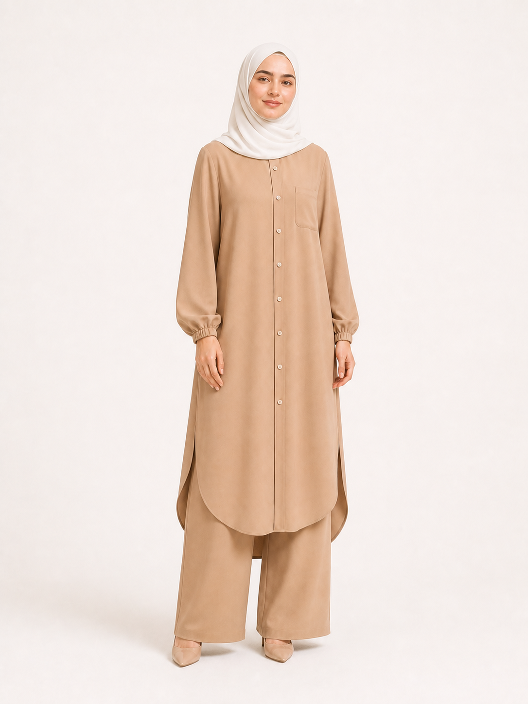 ZOALIN - Soft Layered Button Tunic & Pants Set - Camel - front