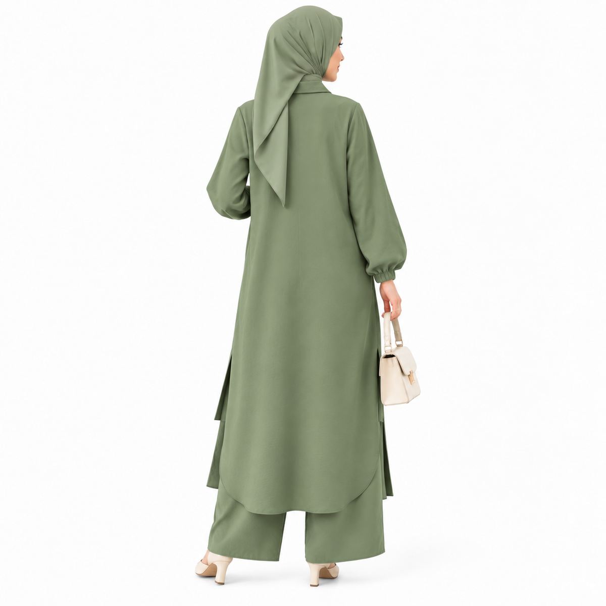ZOALIN - Soft Layered Button Tunic & Pants Set - Sage Green - back