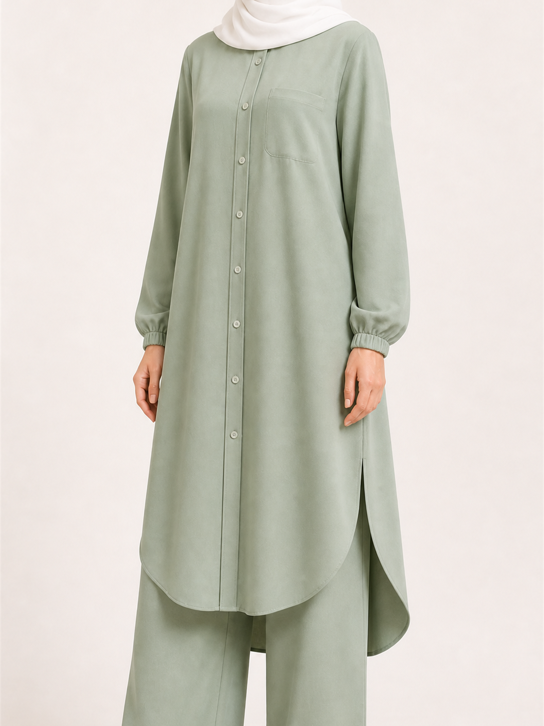 ZOALIN - Soft Layered Button Tunic & Pants Set - Sage Green - detail