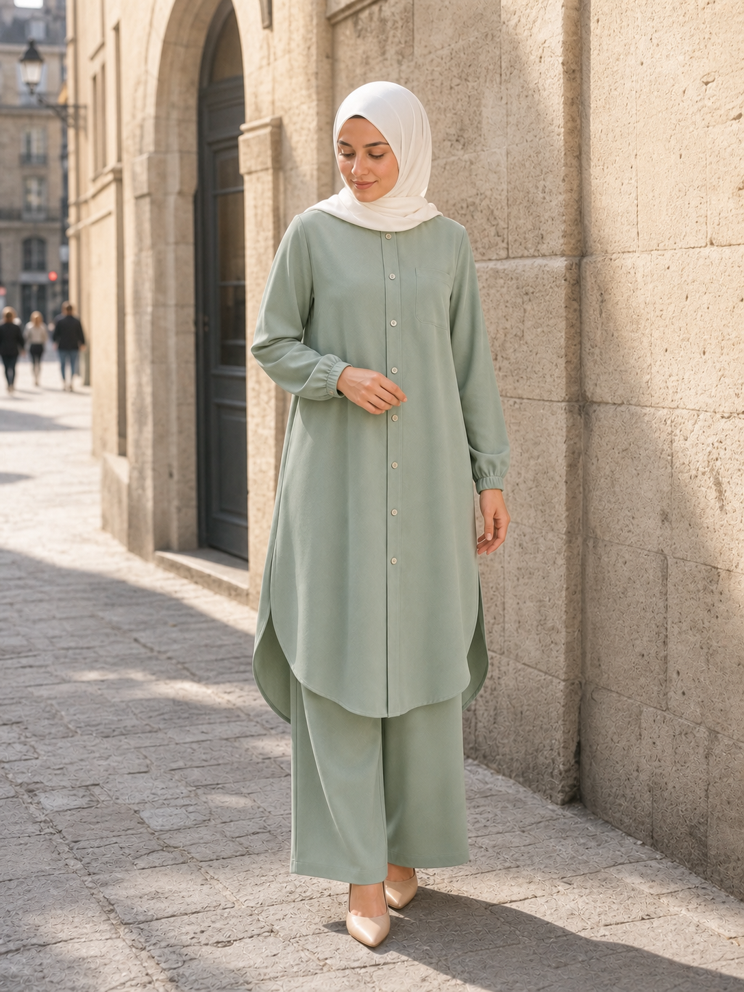 ZOALIN - Soft Layered Button Tunic & Pants Set - Sage Green - lifestyle