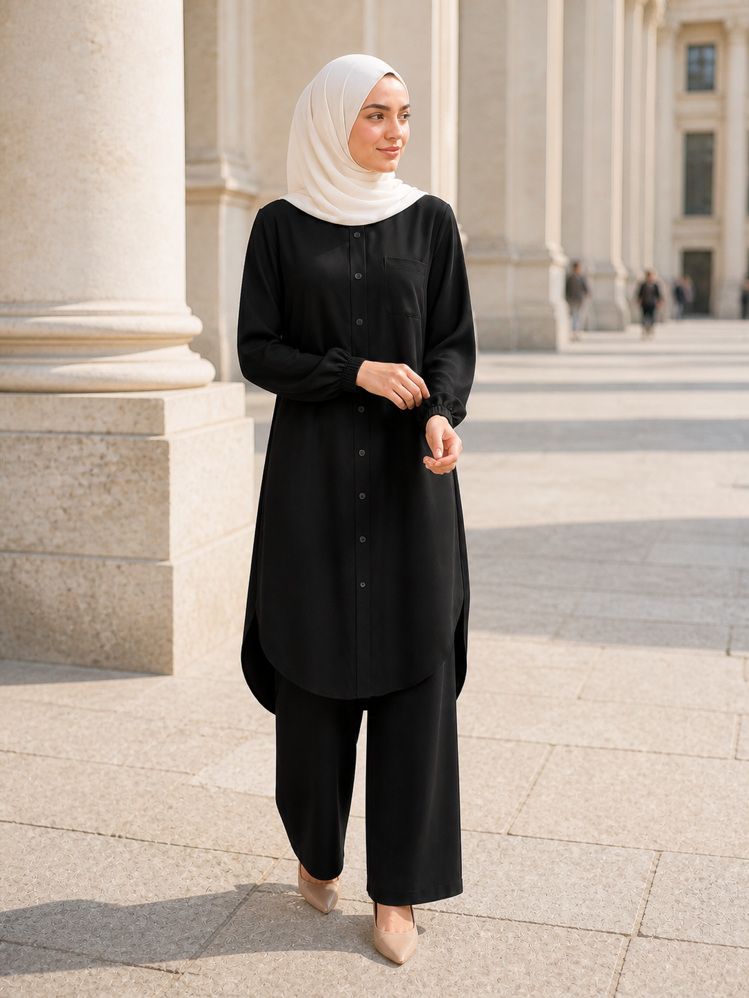 ZOALIN - Soft Layered Button Tunic & Pants Set - Black - lifestyle