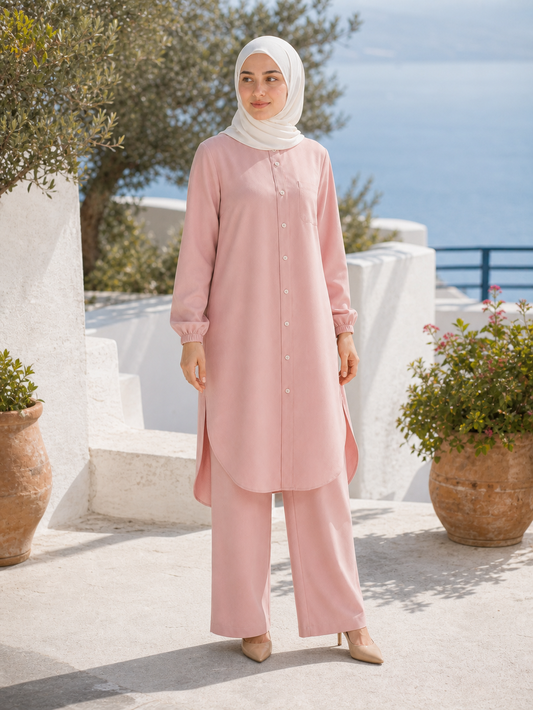ZOALIN - Soft Layered Button Tunic & Pants Set - Blush Pink - lifestyle