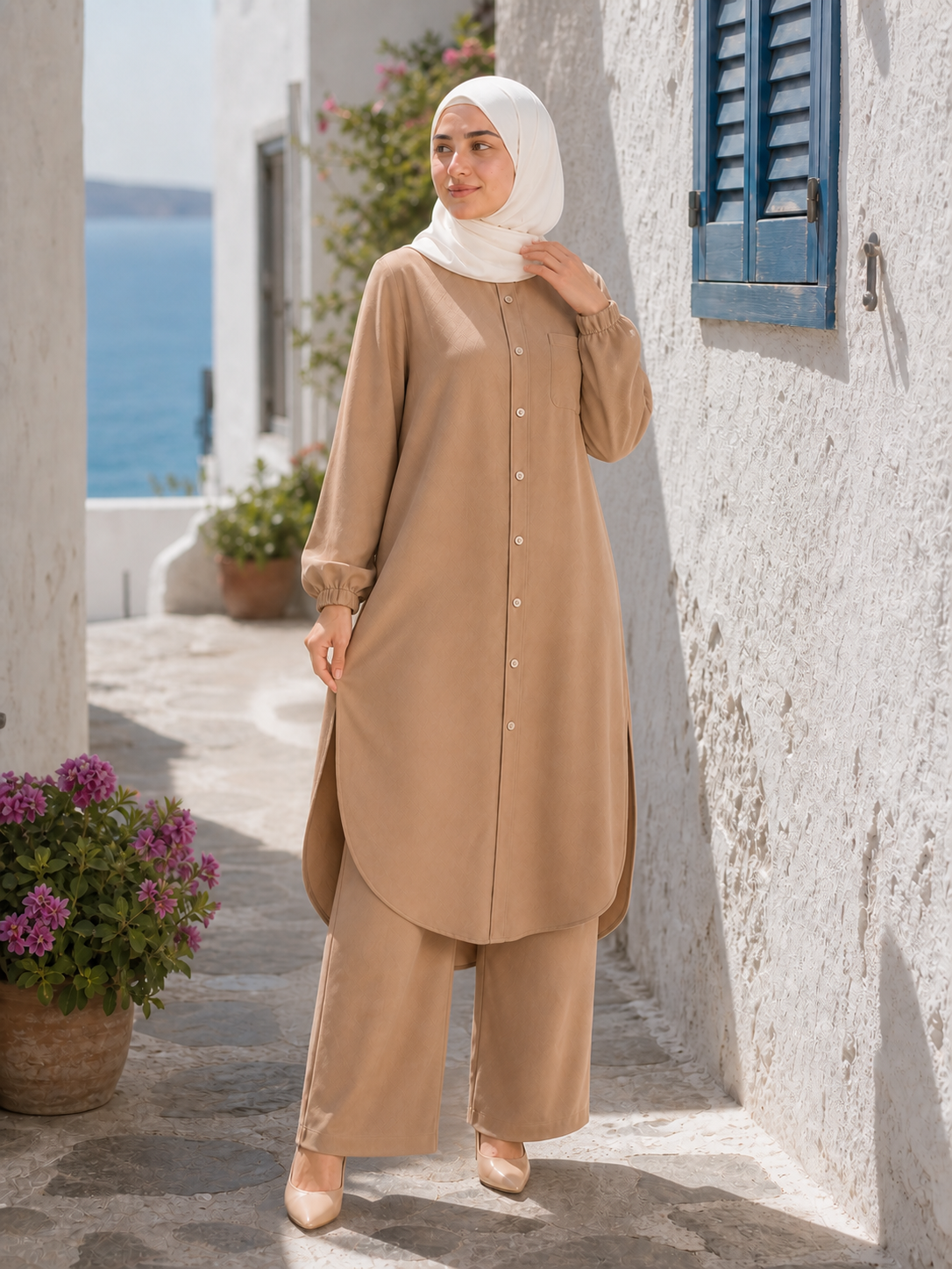 ZOALIN - Soft Layered Button Tunic & Pants Set - Camel - lifestyle close-up