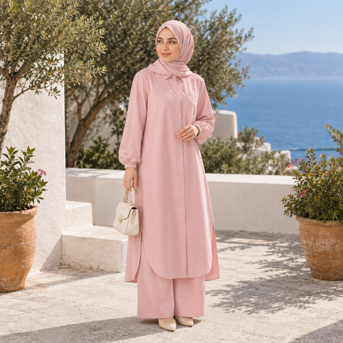 ZOALIN - Soft Layered Button Tunic & Pants Set - Blush Pink - lifestyle