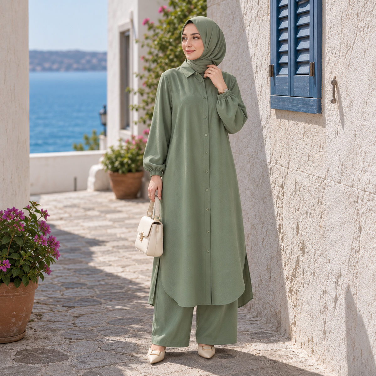 ZOALIN - Soft Layered Button Tunic & Pants Set - Sage Green - lifestyle